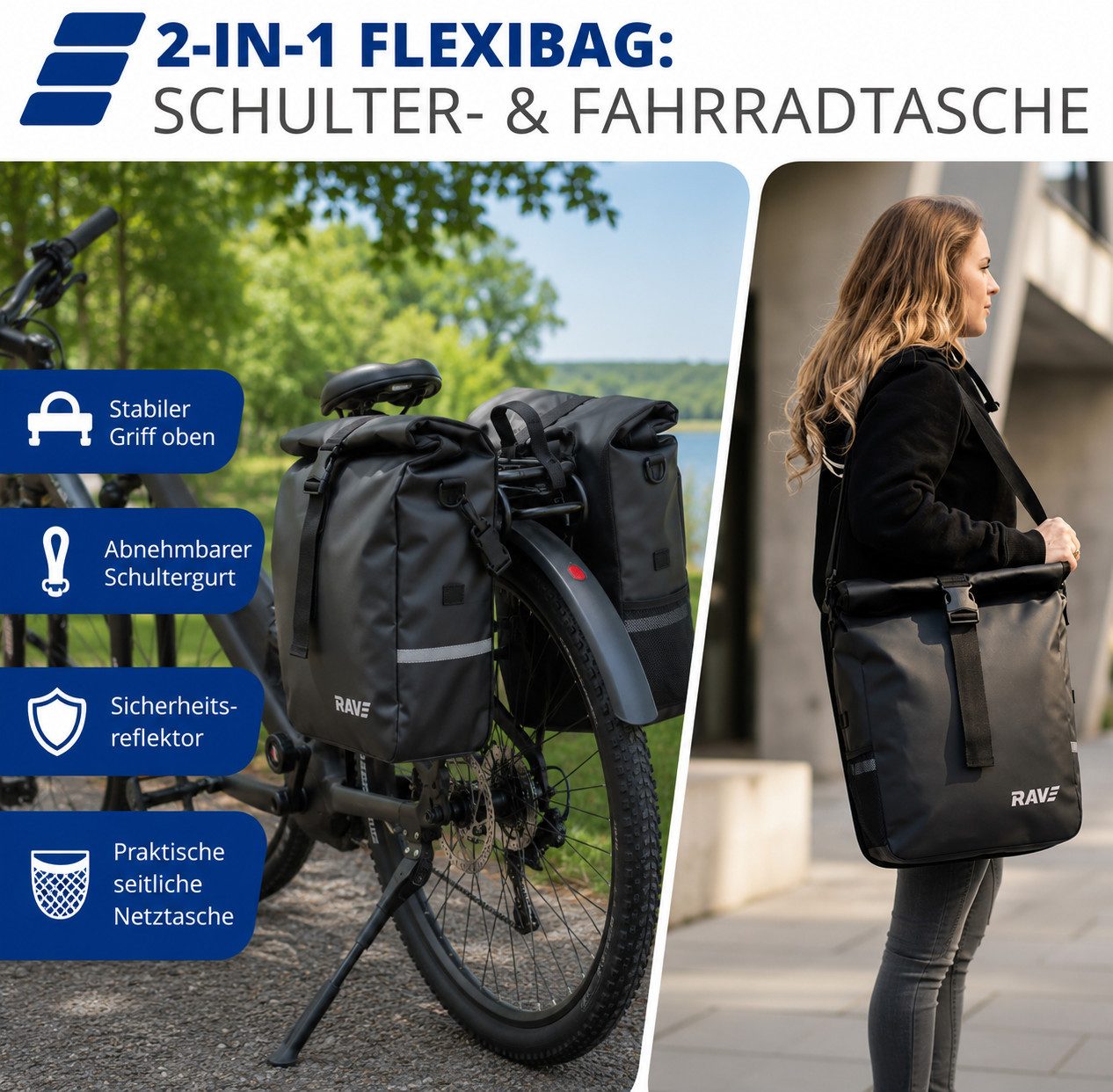 Rave Bike&Outdoor Gepäckträgertasche Voyage (2-tlg., 2 x 22 Liter), Schnelle, werkzeuglose Montage dank Easy-Click-System