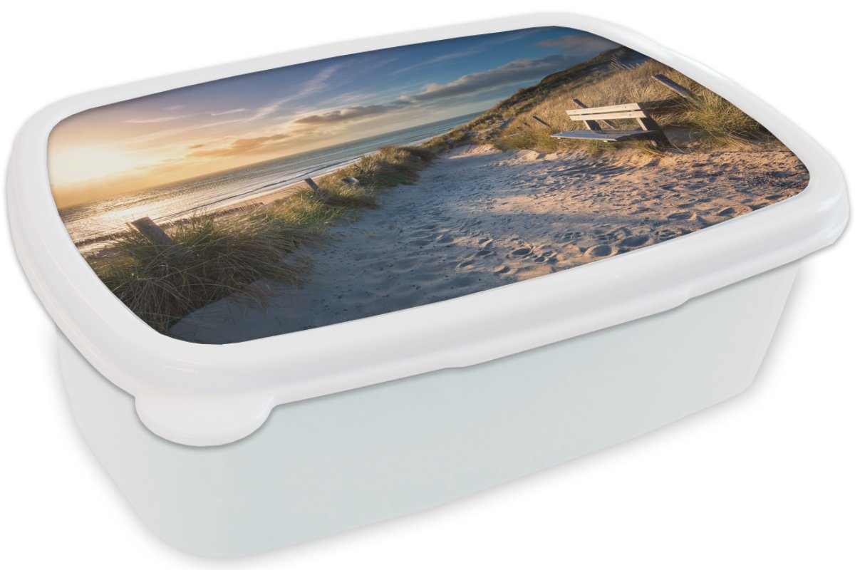 - Sonnenuntergang Lunchbox Brotbox Bank, für - Jungs für weiß - Mädchen Strand und und Gras - Brotdose, (2-tlg), Kunststoff, Kinder Erwachsene, MuchoWow Düne