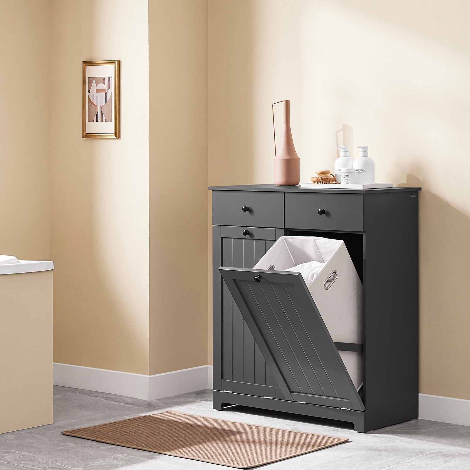 SoBuy Wäscheschrank DE1-BZR33, Badschrank mit Wäschekorb, Badkommode, Bad Waschküche Badezimmerschrank Wäscheschrank mit 2 Schubladen und 2 Wäscheboxen