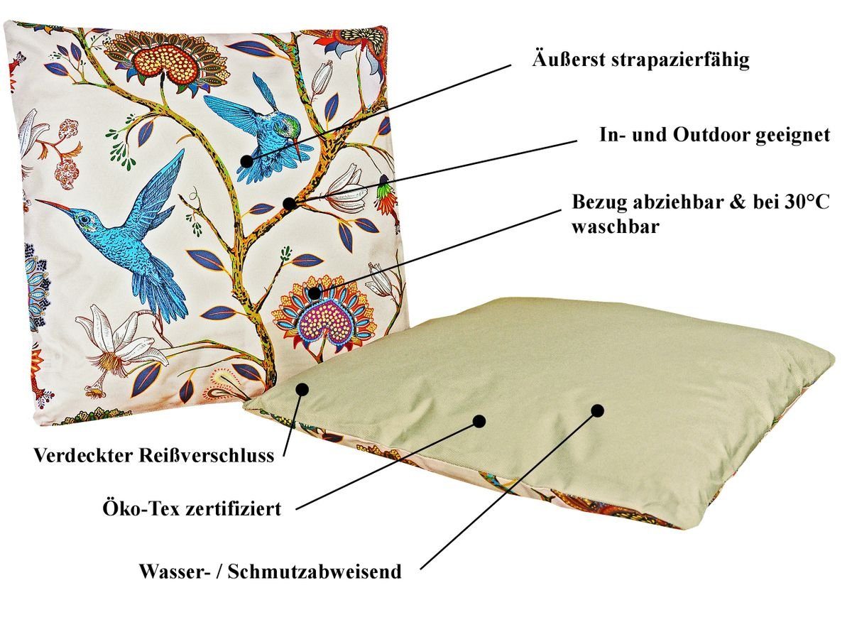 Innen Kissen 60x60cm Lounge Außen JACK XXL Dekokissen Lotus-Effekt, für mit geeignet Strapazierfähig, JACK Füllung, Vogelparadies Motiv Robust, Outdoor inkl. & Dekokissen