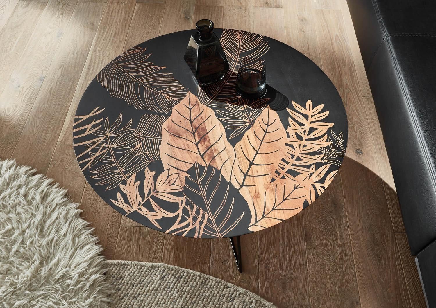 MCA furniture Couchtisch MIRANDELA, Ø 85 x H 45 cm, Braun, Schwarz, Mangoholz massiv, Metallgestell, Motivdruck