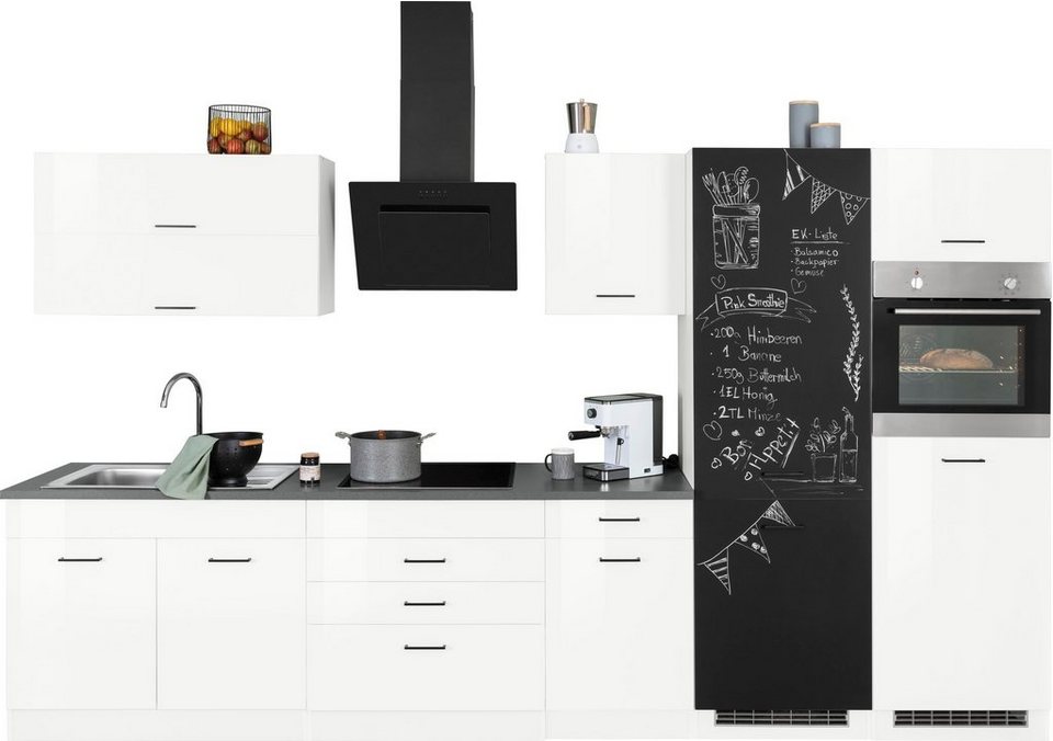HELD MÖBEL Küchenzeile Trier, ohne E-Geräte, Breite 350 cm,  Kühlschrankumbau mit schwarzer Tafelfront zum Beschreiben mit Kreide