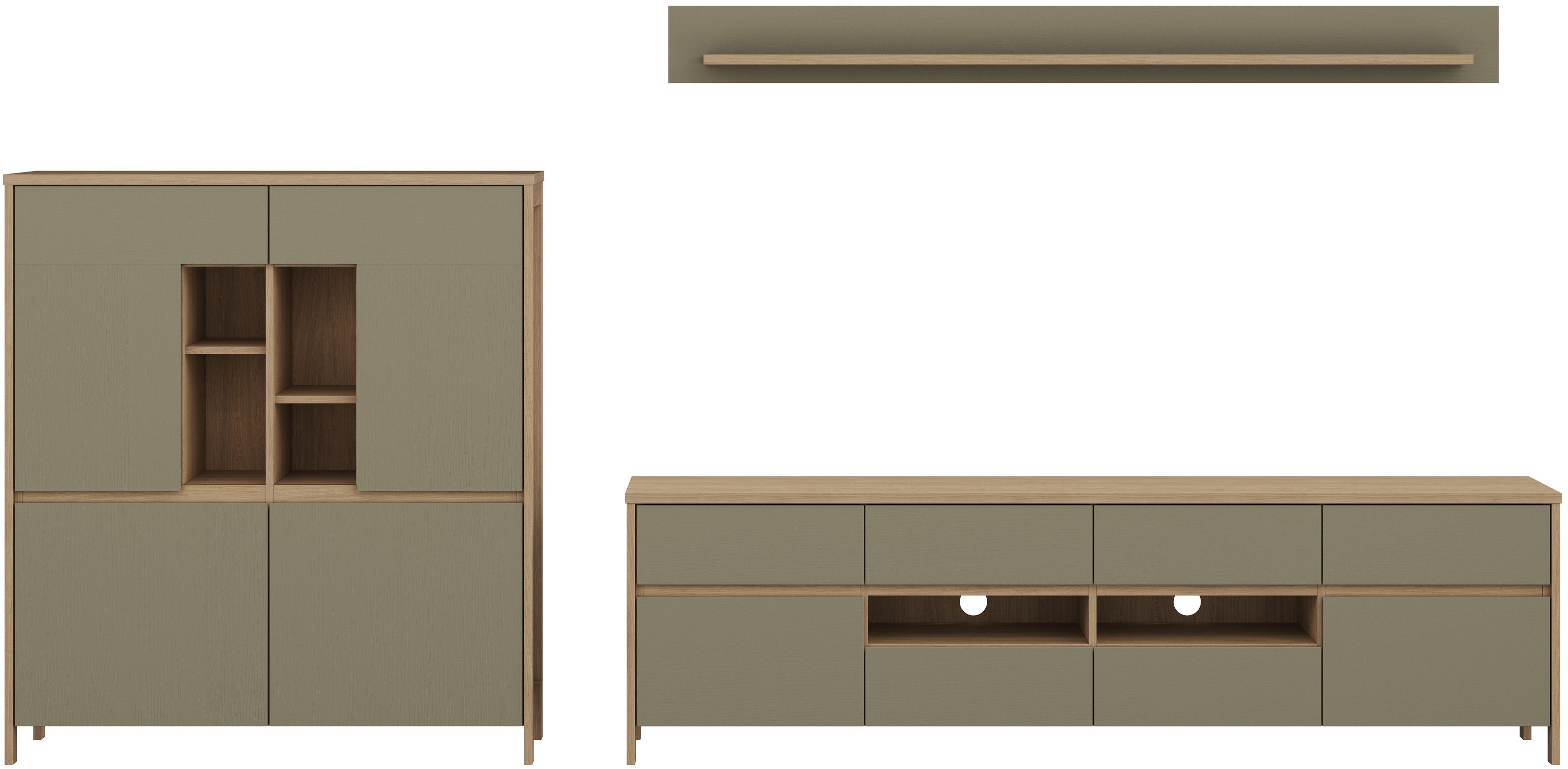 Home affaire Wohnwand Stranda, moderne Anbauwand, Komplettset im Scandi-Style, (3-St), enthält Lowboard, Highboard und Wandboard, 324 cm breit