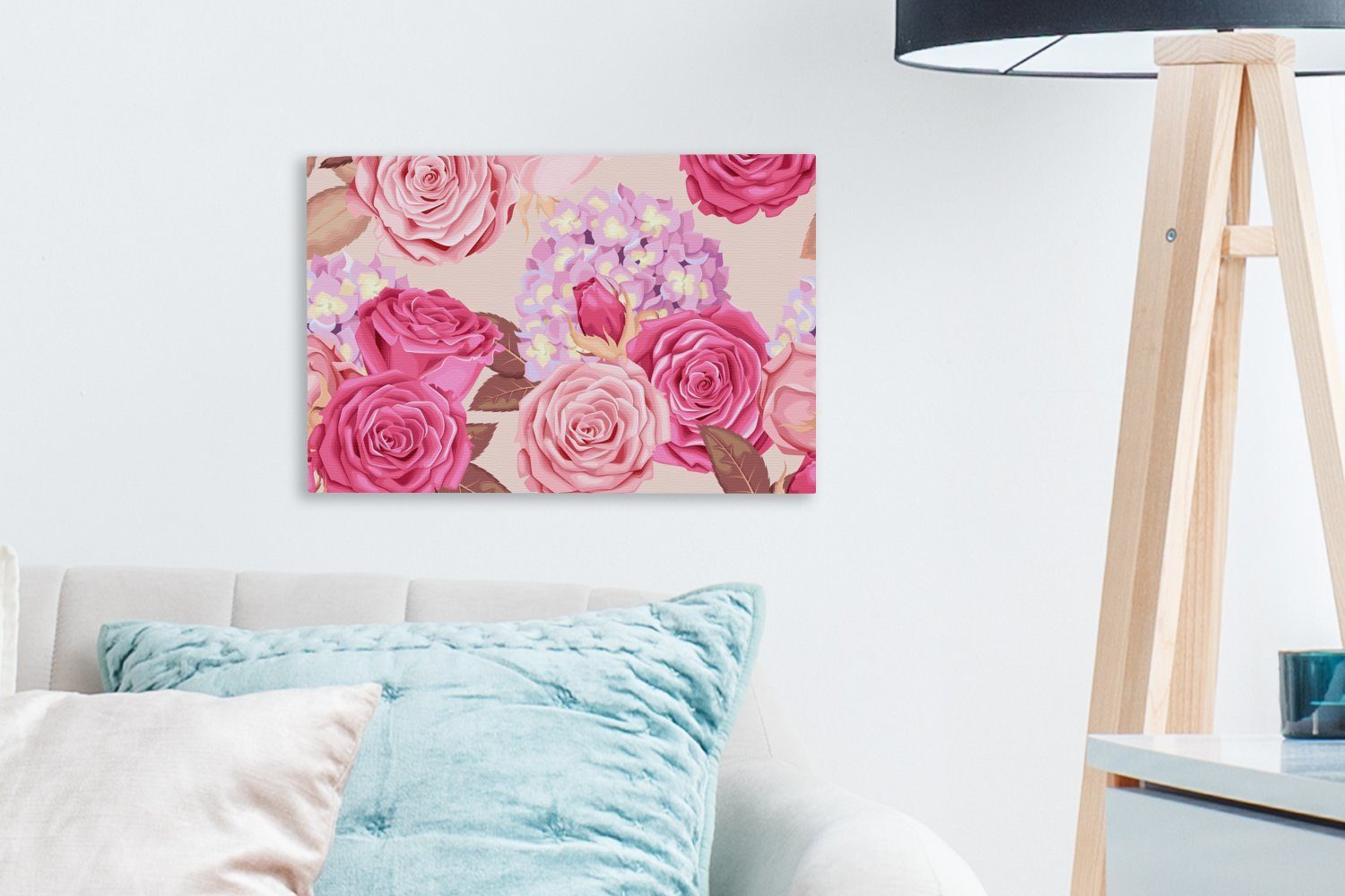 OneMillionCanvasses® Leinwandbild Rosen - Hortensien - Blumen - Rosa, Fotodruck (1 St), Leinwand Bilder Klein, Wand Dekoration Aesthetic 30x20 cm