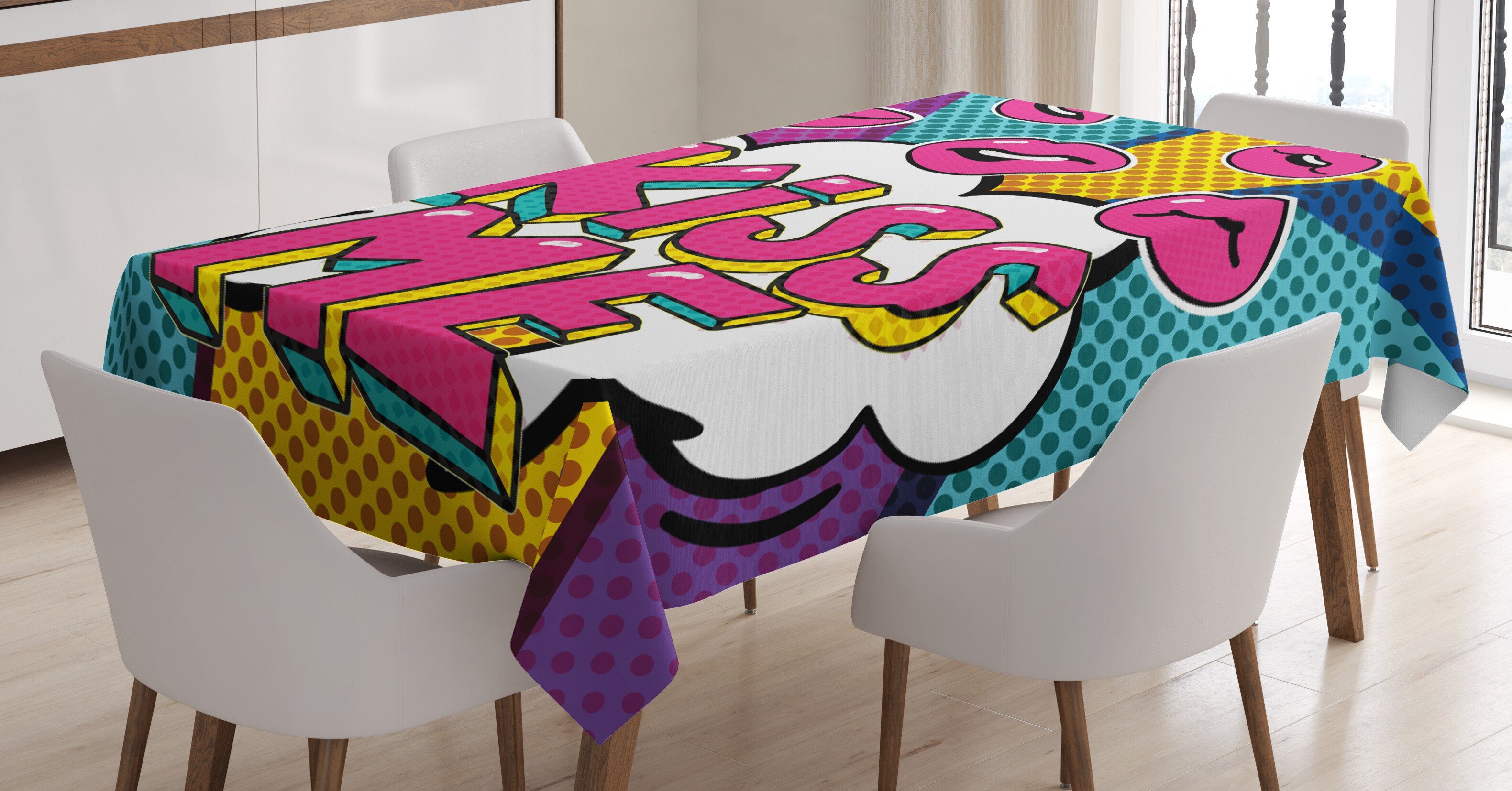 Farbfest Tischdecke Farben, Kuss Abakuhaus geeignet Für Klare Waschbar den Außen Bereich Wort-Blasen-Pop-Art-Stil