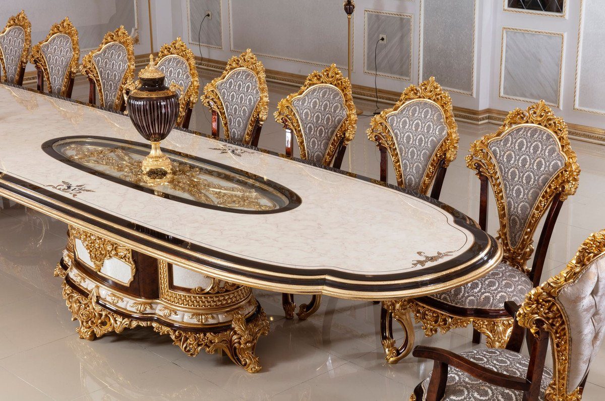 Esszimmerstühle / Set Gold - Palast Möbel Grau - / & Barockstil Barock Möbel Weiß Esszimmer-Set Schloss Barock Esstisch Esszimmer Hotel im 1 / - 22 Luxus Barock - Braun - Casa Möbel Möbel Luxus Padrino