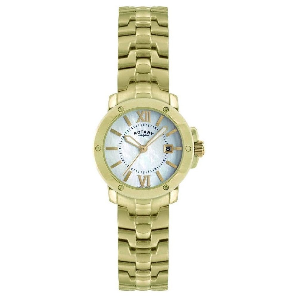 ROTARY Quarzuhr Damen Edelstahl Gold Permutt Zifferblatt römisch Datum LB02831/41, schmall, Butterflyschließe, Krone durch Gehäuseflanken geschützt