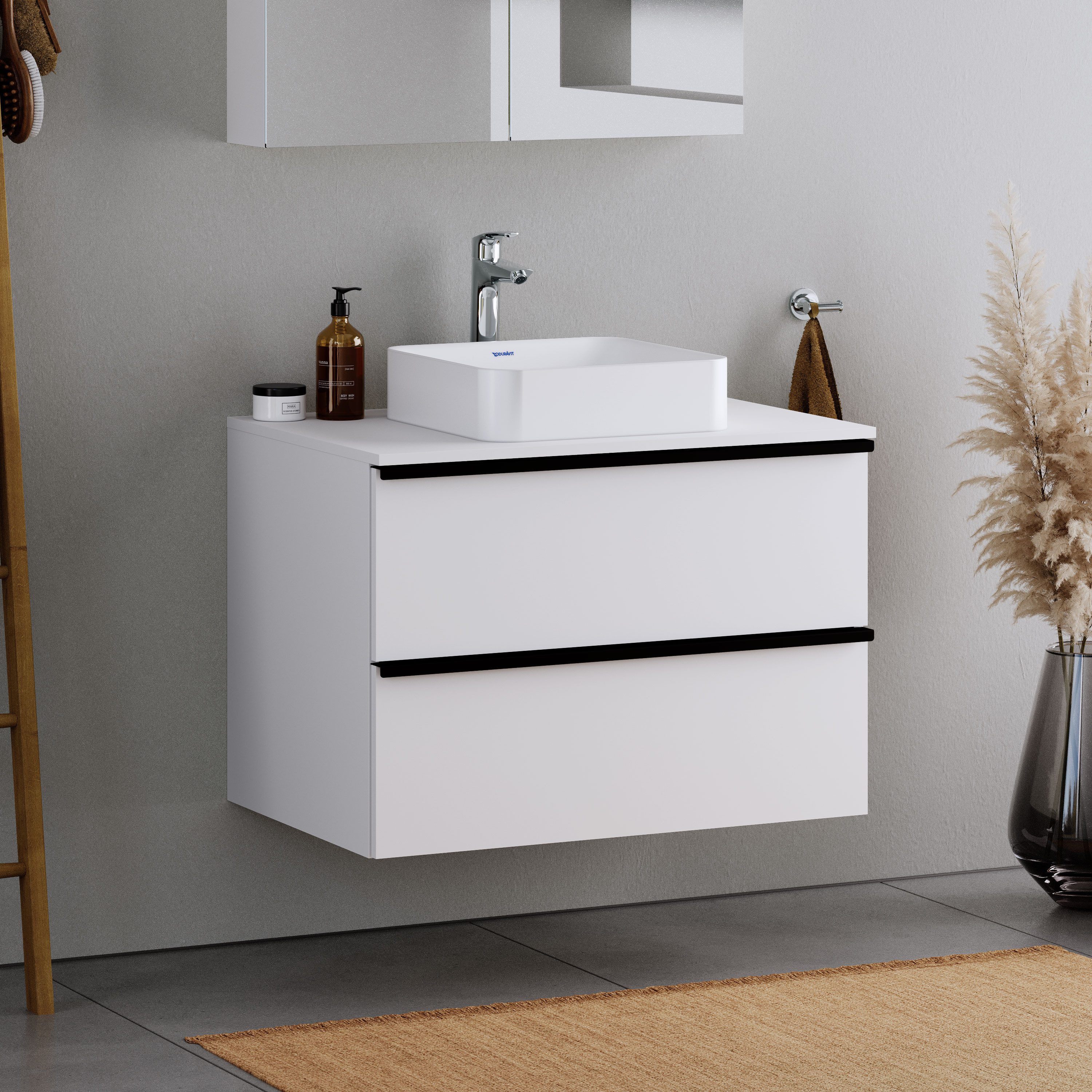 Duravit Waschbeckenunterschrank DuraPoint Weiß matt 80cm Waschtischunterschrank für Aufsatzbecken 2 Auszüge Griffleiste schwarz