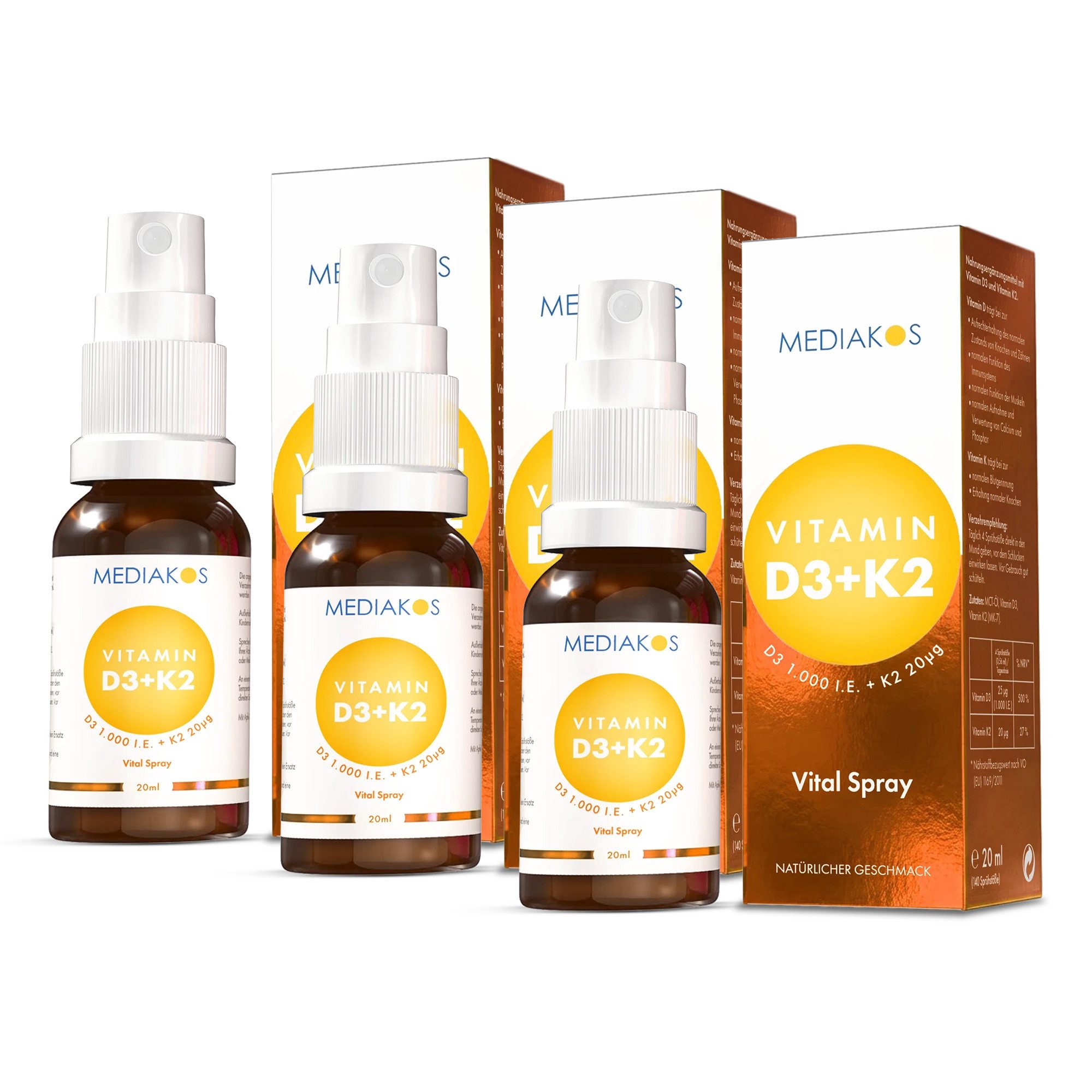 Mediakos Mediakos Vitamin D3 + K2 1.000 I.E. 20 µg Vital Spray, für Immunsystem, Knochen, Zähne und Muskeln – Geschmacksneutral & Ohne Zucker! à 60 ml