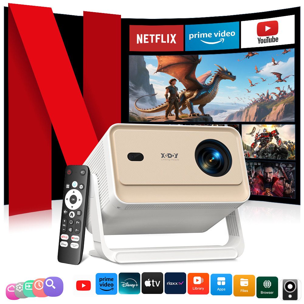 XGODY N6 Pro Smart Beamer 4K Heimkino, Kompatibel mit Netflix Autofokus Mini Beamer (700 lm, 3840 x 2160 px (700 ANSI) px, projektor 4k smart wifi mit Auto Trapezkorrektur, Bluetooth 5.4)