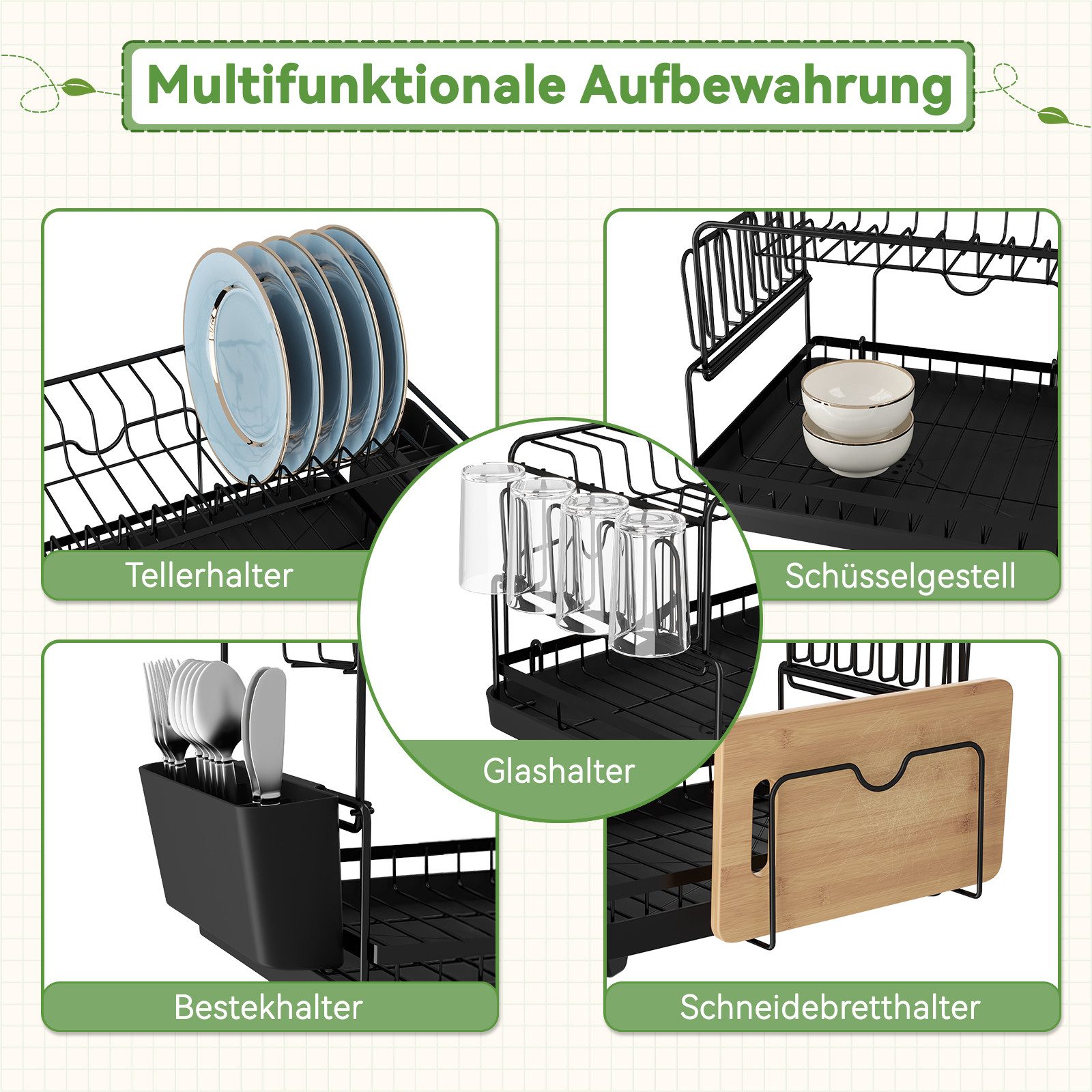 Dripex Geschirrständer Abtropfgestell Geschirr Schwarz 2 Ebenen Geschirrtrockner für Küche, mit Utensilienhalter Getränkehalter Abtropfschale