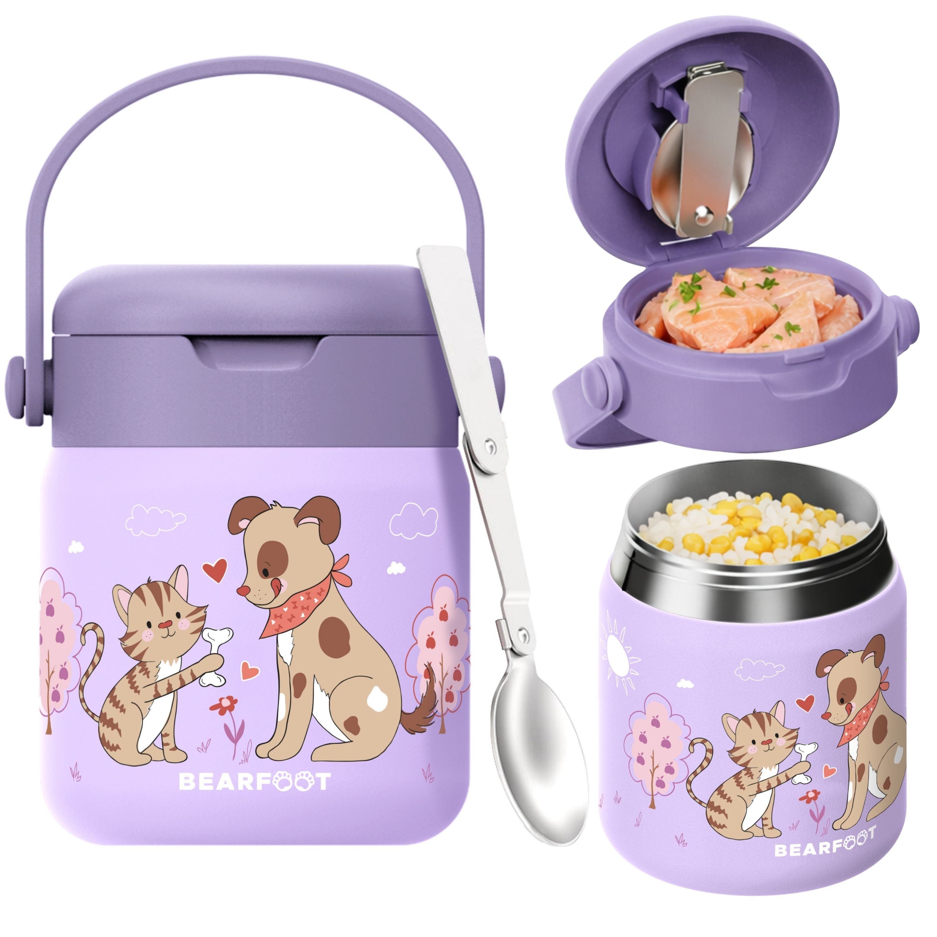 BEARFOOT Trinkflasche Thermobehälter Kinder Edelstahl - Hund & Katze lila, Thermobehälter, auslaufsicher, Edelstahl, Food jar, BPA-frei