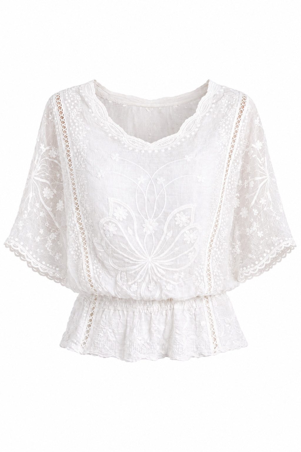 ITALY VIBES Spitzenbluse - Damen Spitzenbluse mit Lochstickerei, Boho Sommerbluse, Kurzarm ONE SIZE, passend für Größe XS bis L
