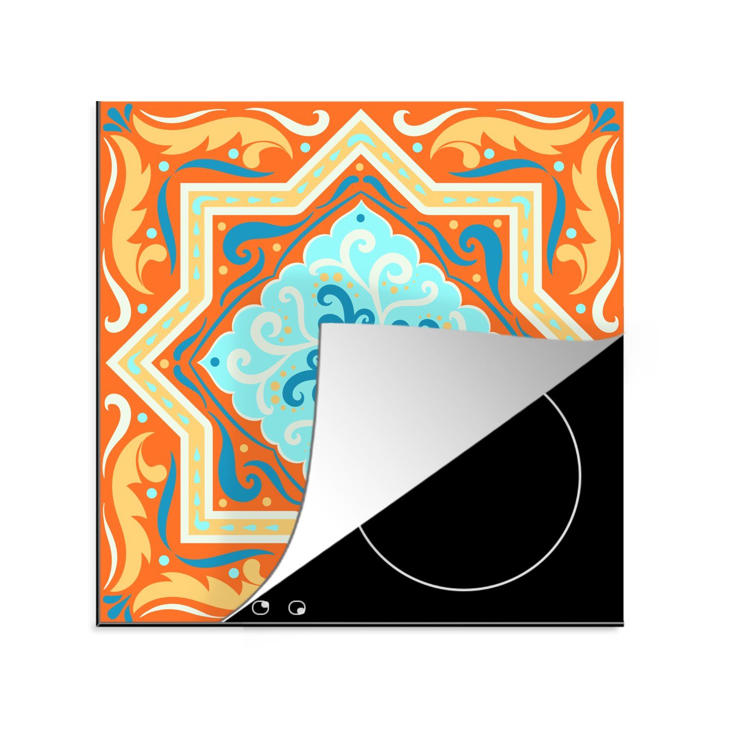 MuchoWow Herdblende-/Abdeckplatte Geometrische Formen - Blau - Orange, Vinyl, (1 tlg), 78x78 cm, Ceranfeldabdeckung, Arbeitsplatte für küche