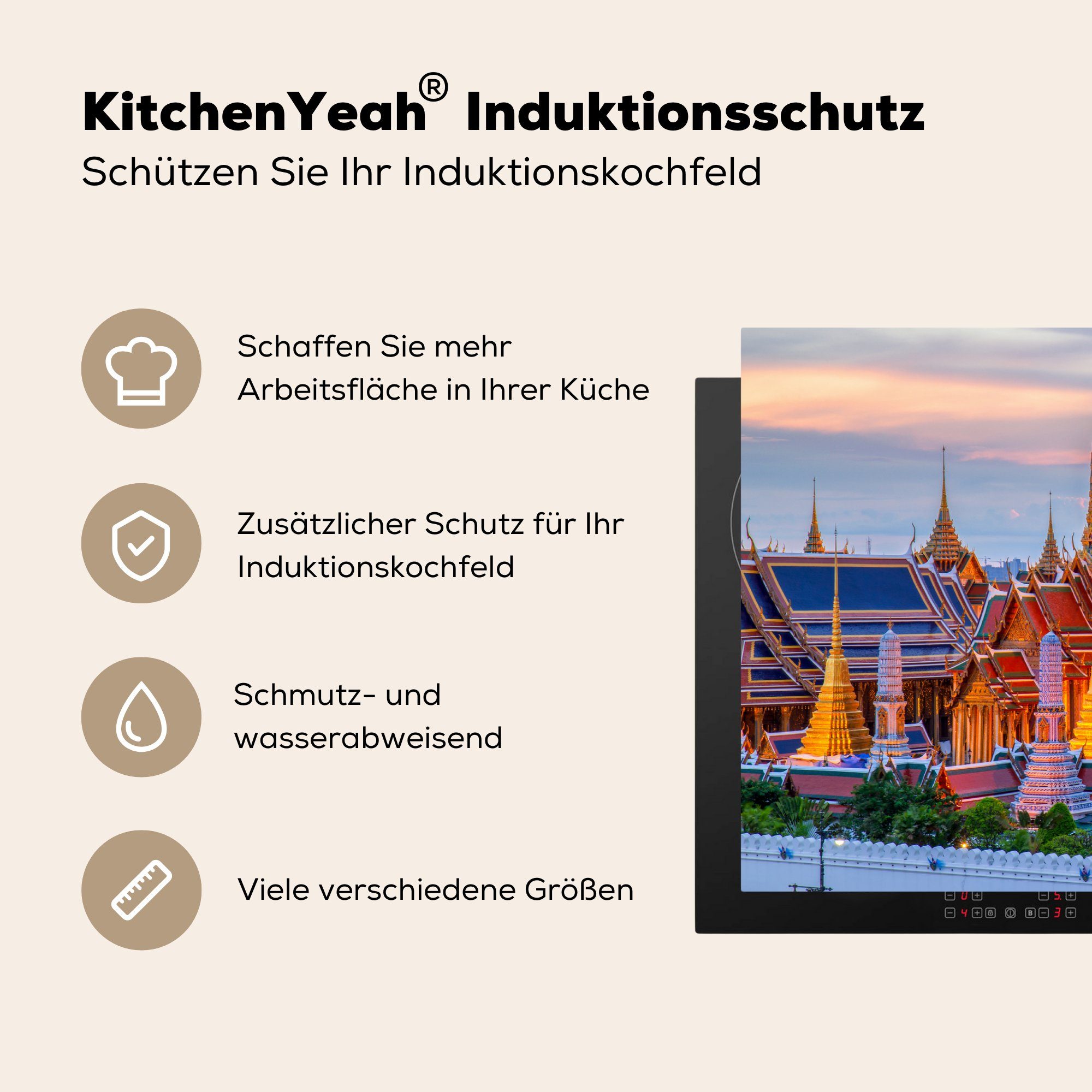 (1 Ceranfeldabdeckung Induktionskochfeld Orange, Schutz - tlg), Vinyl, die Thailand Palast Herdblende-/Abdeckplatte für 81x52 cm, - MuchoWow küche,
