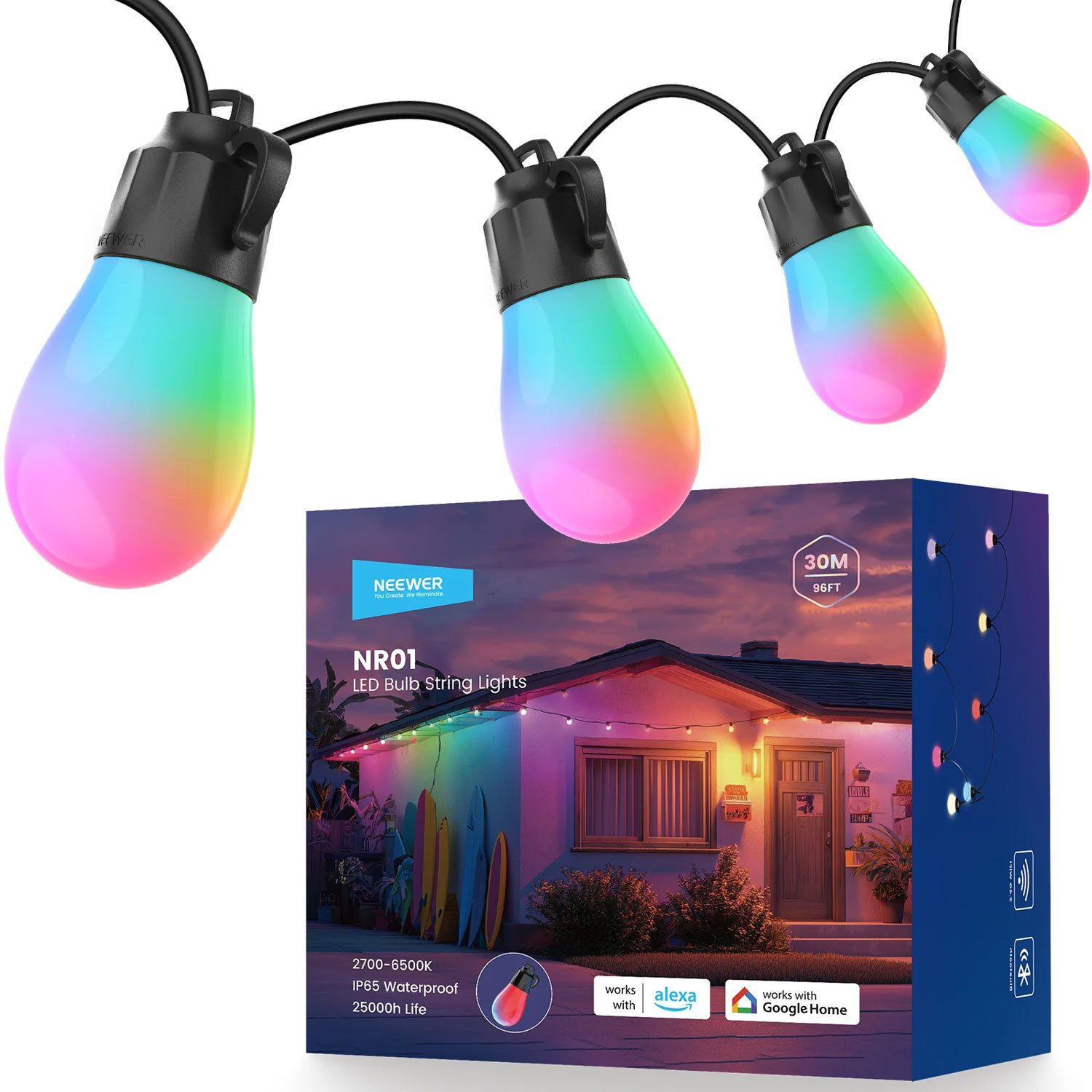 Neewer Lichterkette Neewer LED-Lichterkette NR01-30 mit App-Steuerung 30m, Smarte RGB LED-Lichterkette mit 30 Metern Länge