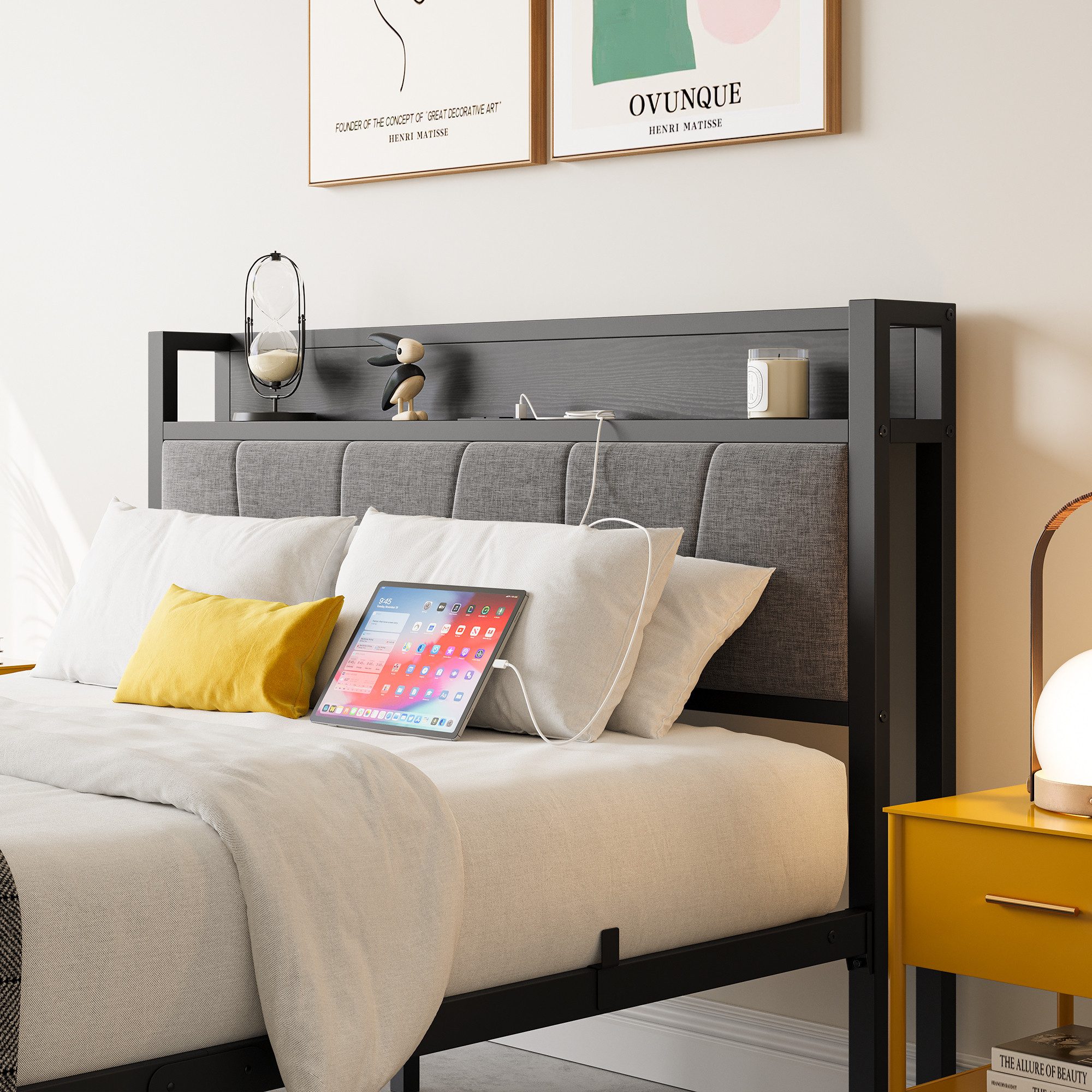 OKWISH Metallbett Stauraum-Kopfteil mit 1 Steckdosen, günstig online kaufen