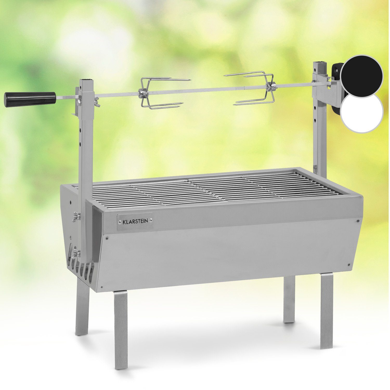Klarstein Holzkohlegrill Sauenland Mini Rotisserie-Grill Drehspieß 4W 12 kg 5 Stufen Edelstahl, Set, Grillspieß mit Motor Grill Drehspieß mit Motor Spanferkel Grill