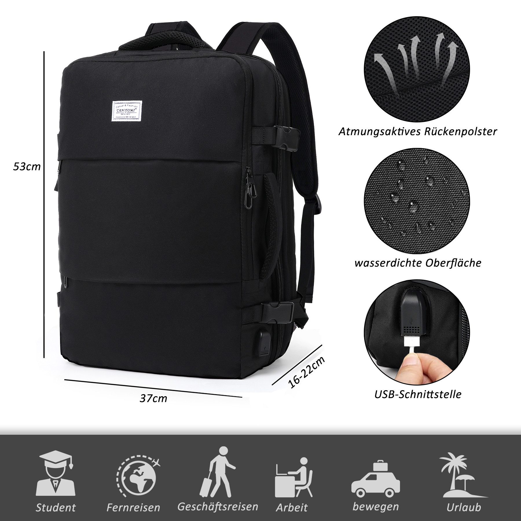 TAN.TOMI Reiserucksack 50L Reiserucksack Herren, Flugzeug Handgepäck Rucksack USB-Ladean, 17 Zoll Laptop Rucksack für Arbeit Schule Reise, Casual Daypack