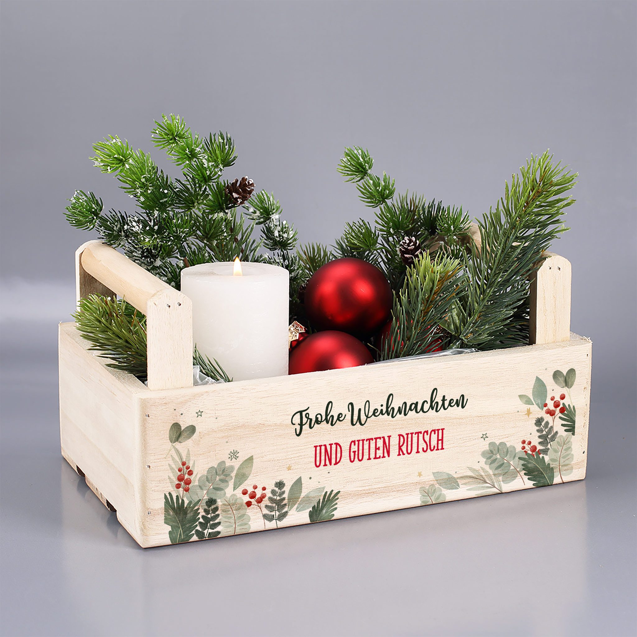 Herz & Heim Geschenkbox zu Weihnachten oder Nikolaus - Holzkorb für Weihnachtsgeschenke, mit Holzgriffen