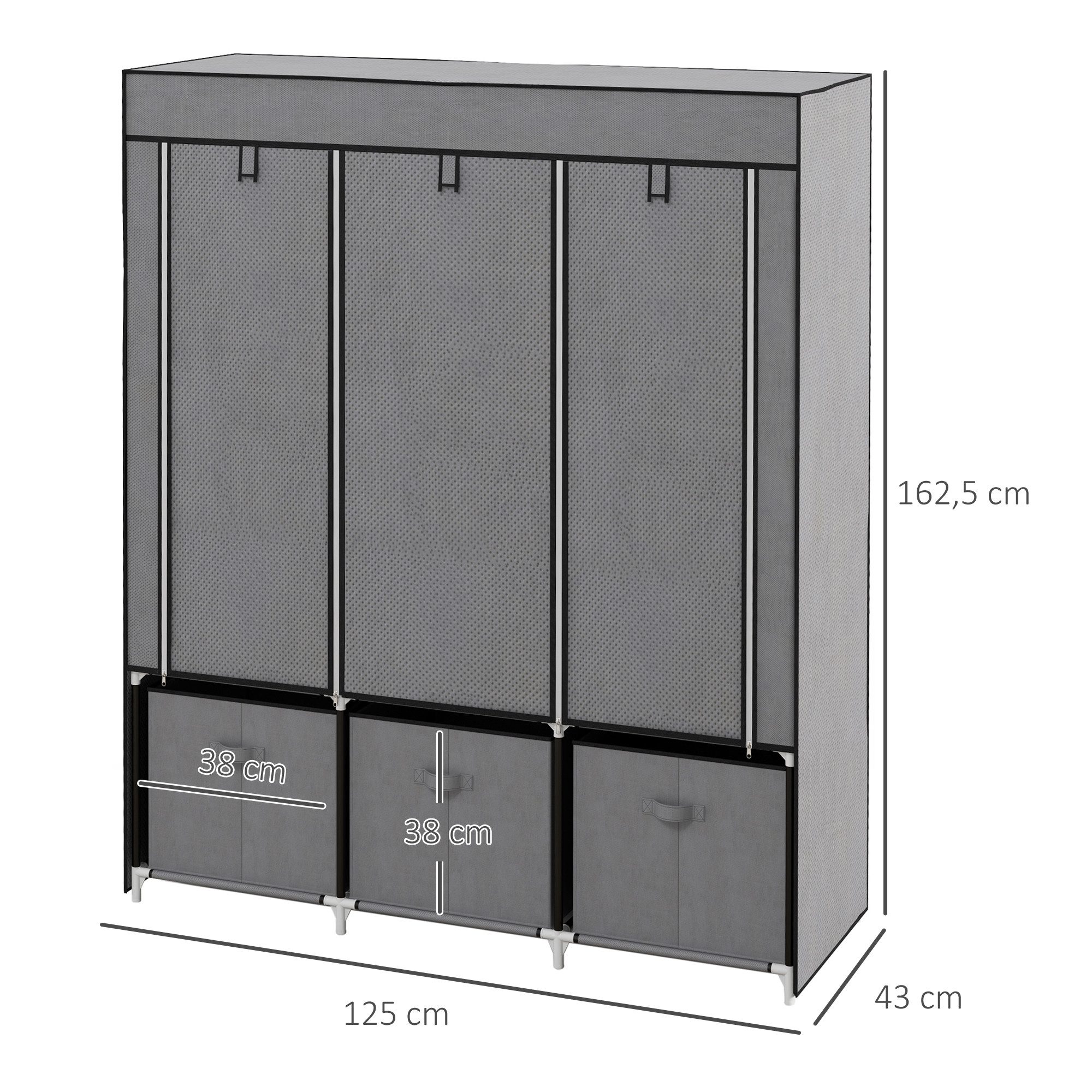 HOMCOM Stoffschrank Kleiderschrank mit Kleiderstangen und Schubladen (Faltbare Garderobe, 1-St., Faltschrank) Dunkelgrau, 125 x 43 x 162,5 cm