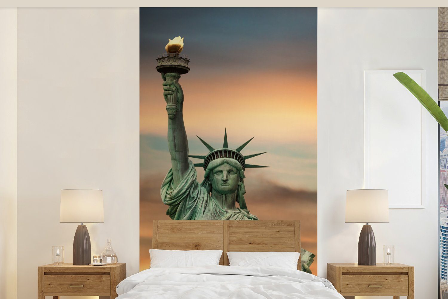 MuchoWow Fototapete New York - Freiheitsstatue - Sonnenuntergang, Matt, bedruckt, (2 St), Vliestapete für Wohnzimmer Schlafzimmer Küche, Fototapete