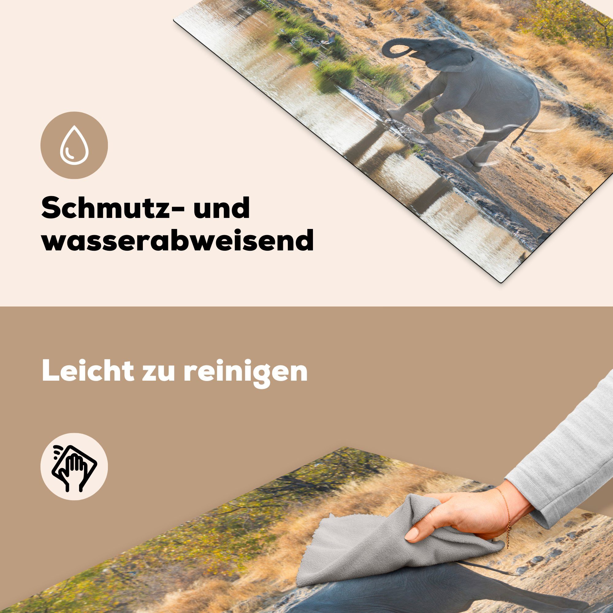 für einer (1 Schutz 81x52 küche, an cm, in Herdblende-/Abdeckplatte Induktionskochfeld MuchoWow tlg), Wasserpfütze die Elefantenbaby Ceranfeldabdeckung Namibia, Vinyl,