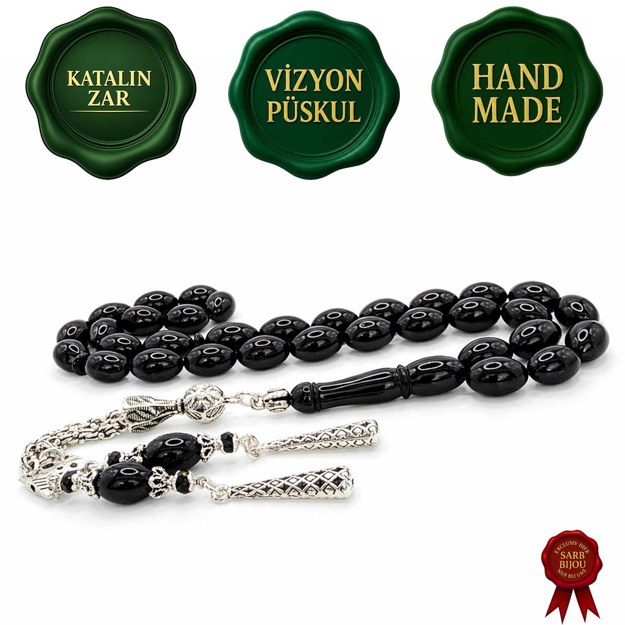M-Punkt24 Kettenanhänger Tesbih Tesbih (8 x 12 mm, Siyah / Schwarz, Beyzi/Olive), Gebetskette, Rosary, inkl. Etui, ! SONDERPREIS, DA PRODUKTNEUHEIT !