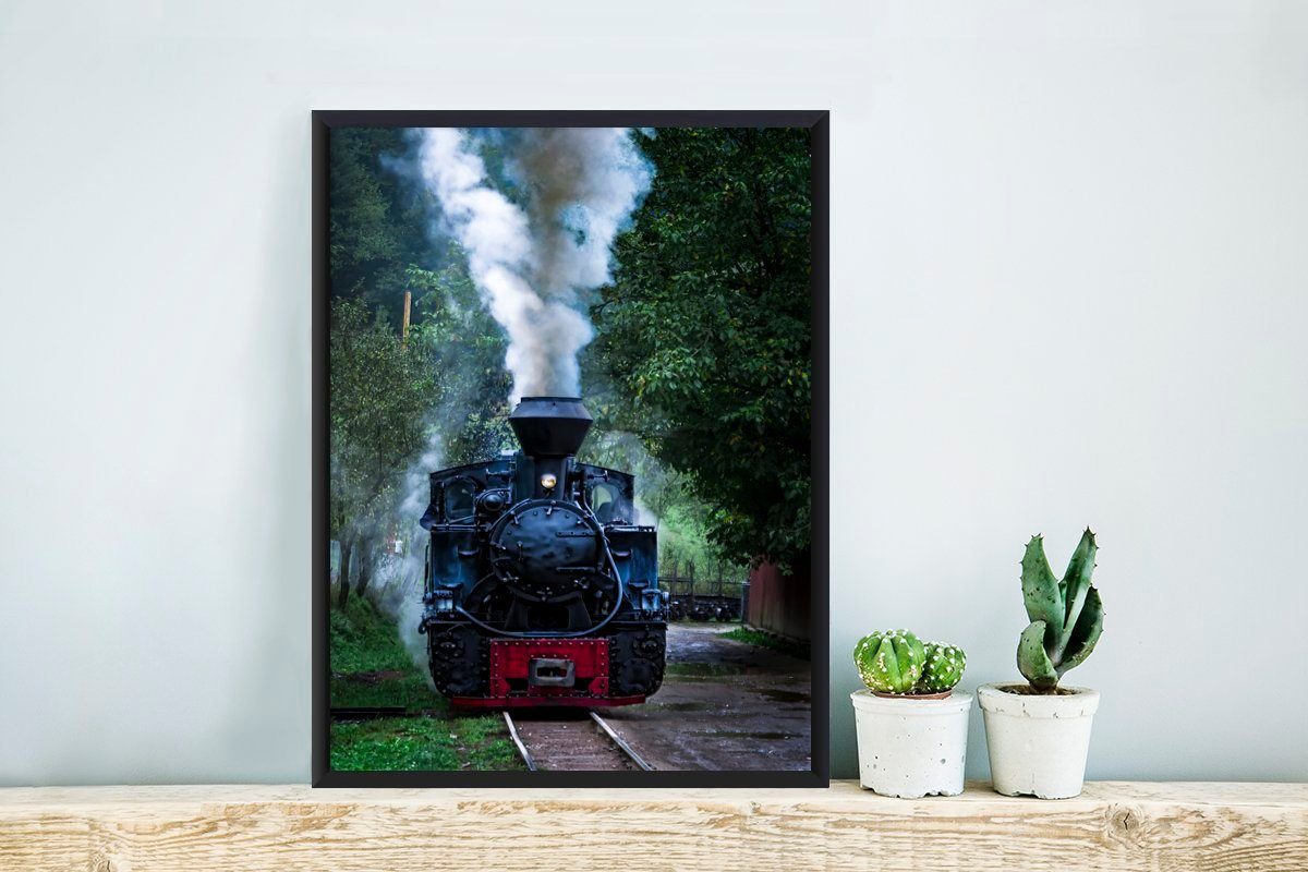 Poster, Wanddeko, (1 in den Wäldern, Bilderrahmen Gerahmtes Bilder, MuchoWow Dampflokomotive St), Wandposter, Eine Schwarzem Poster grünen