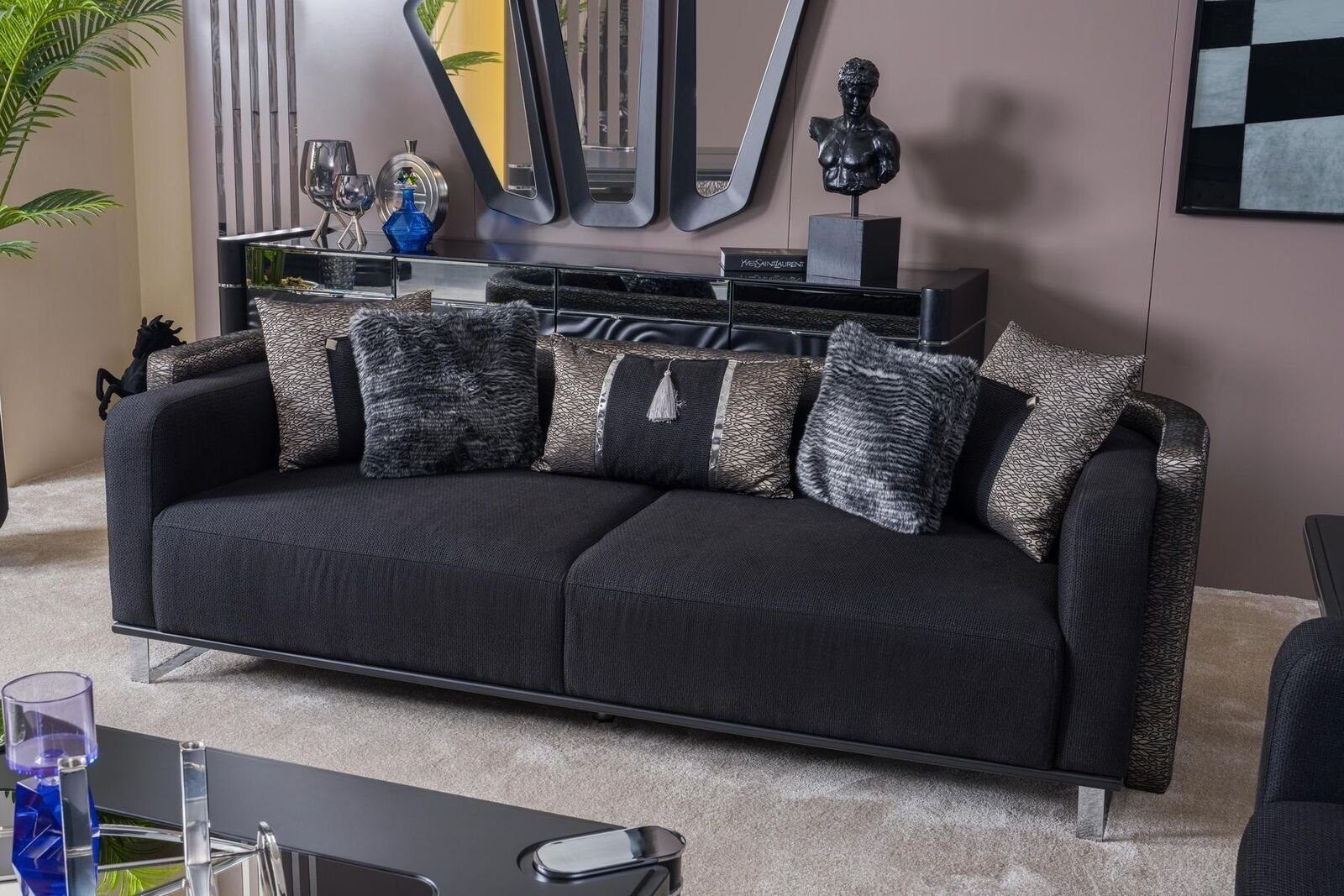 JVmoebel Sofa Dreisitzer 240cm Schwarze Luxus Couch Sofa Couchen Möbel Textil Stoff, Made In Europe