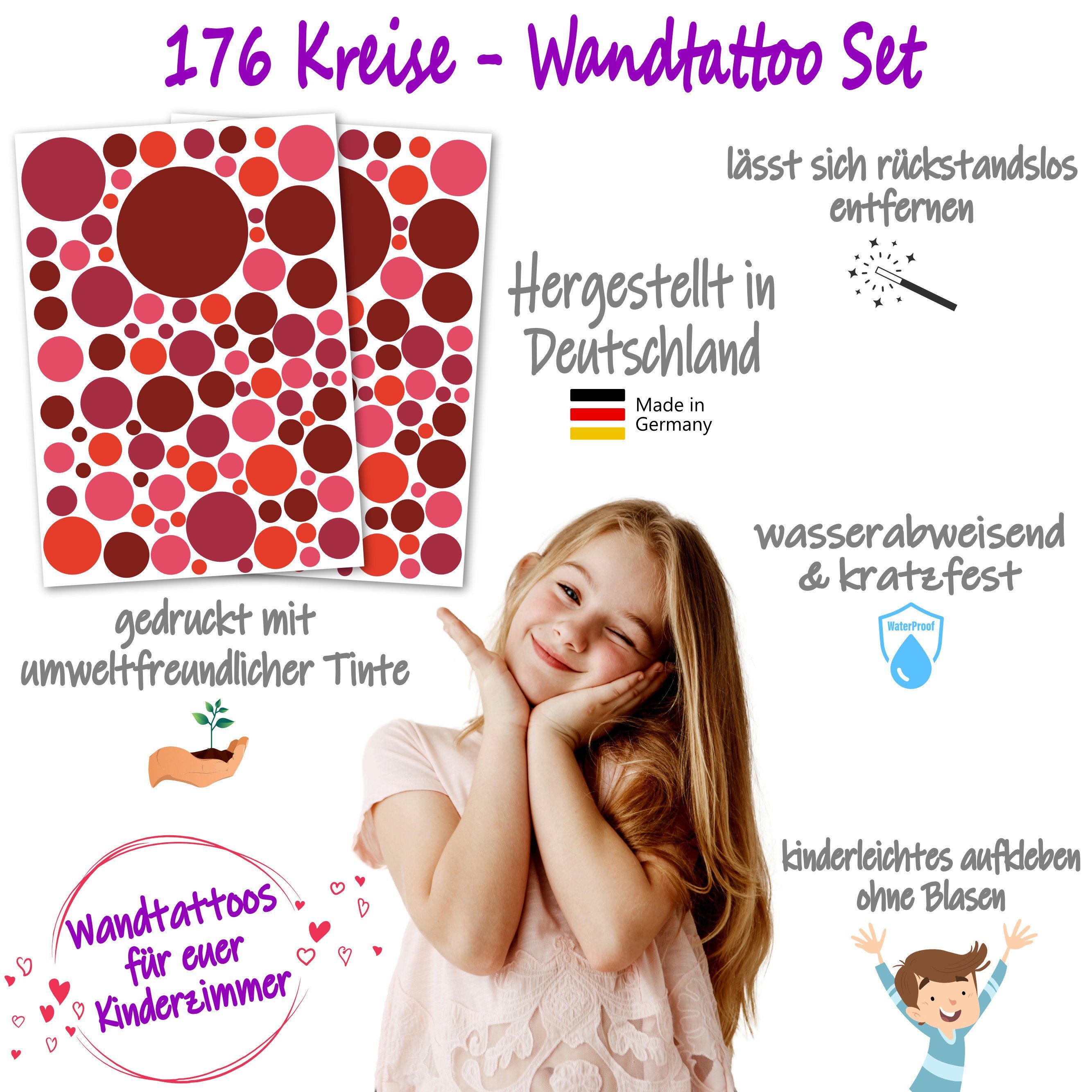 PUNALU Wandtattoo Kreis Set 176 Stück Wandtattoo Babyzimmer Kinderzimmer Kreisaufkleber, selbstklebend, rückstandslos abziehbar