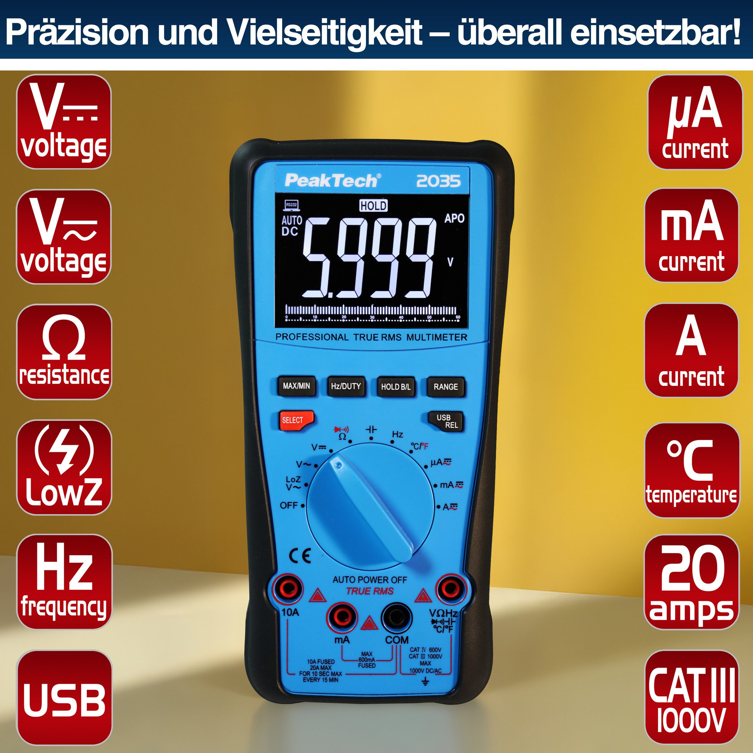 PeakTech Multimeter True RMS 1000 V Digitalmultimeter 6.000 Counts, USB