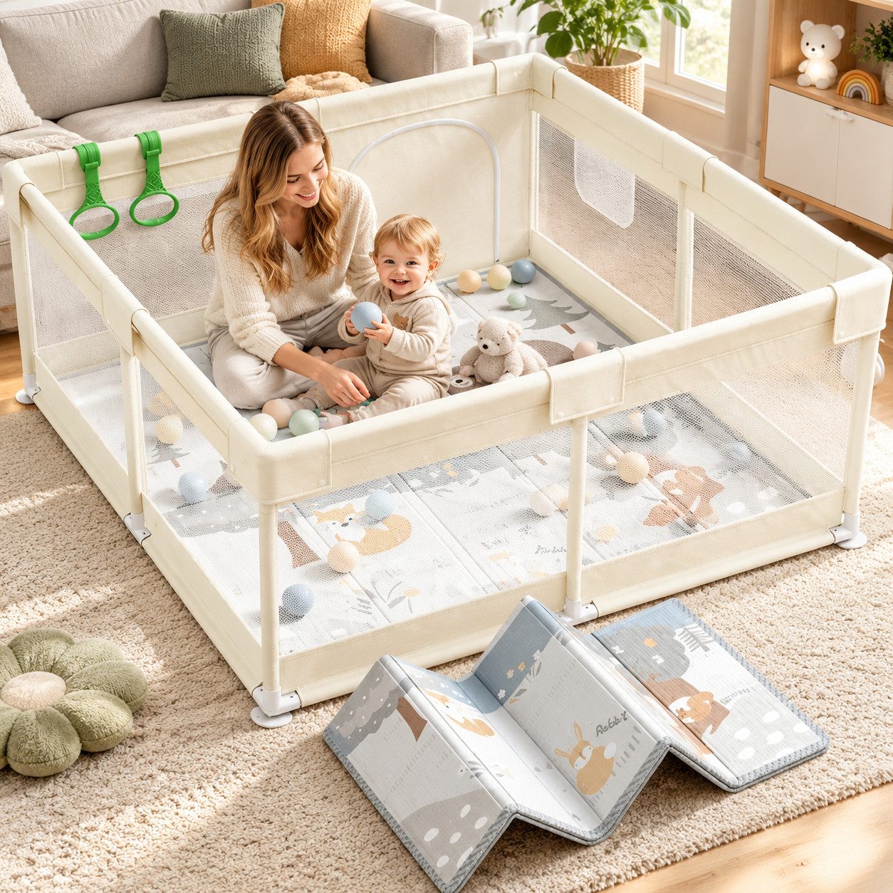 MC Star Laufstall Baby 120 x 120 cm (ideal für den Innenbereich, Großer Baby Laufgitter), Sicherheit Spielplatz Kinder mit Netzdesign