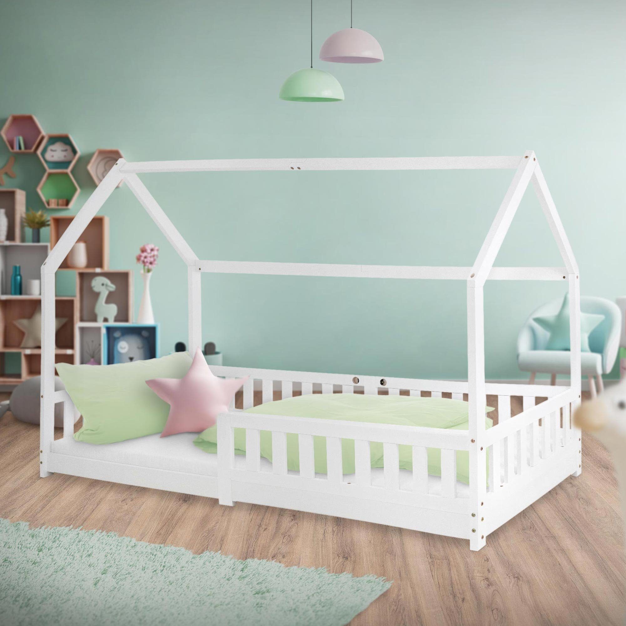 ML-DESIGN Bett Kinderbett mit Rausfallschutz Lattenrost und Dach 200x90 cm  Weiß, Rausfallschutz