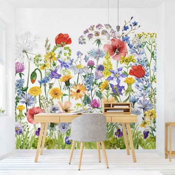 Bilderdepot24 Fototapete Blumen Aquarell Blumenwiese Blumentapete Floral Natur Modern Kunst, Glatt, Matt, (Vliestapete inkl. Kleister oder selbstklebend), Wohnzimmer Schlafzimmer Küche Flur Motivtapete Vliestapete Wandtapete