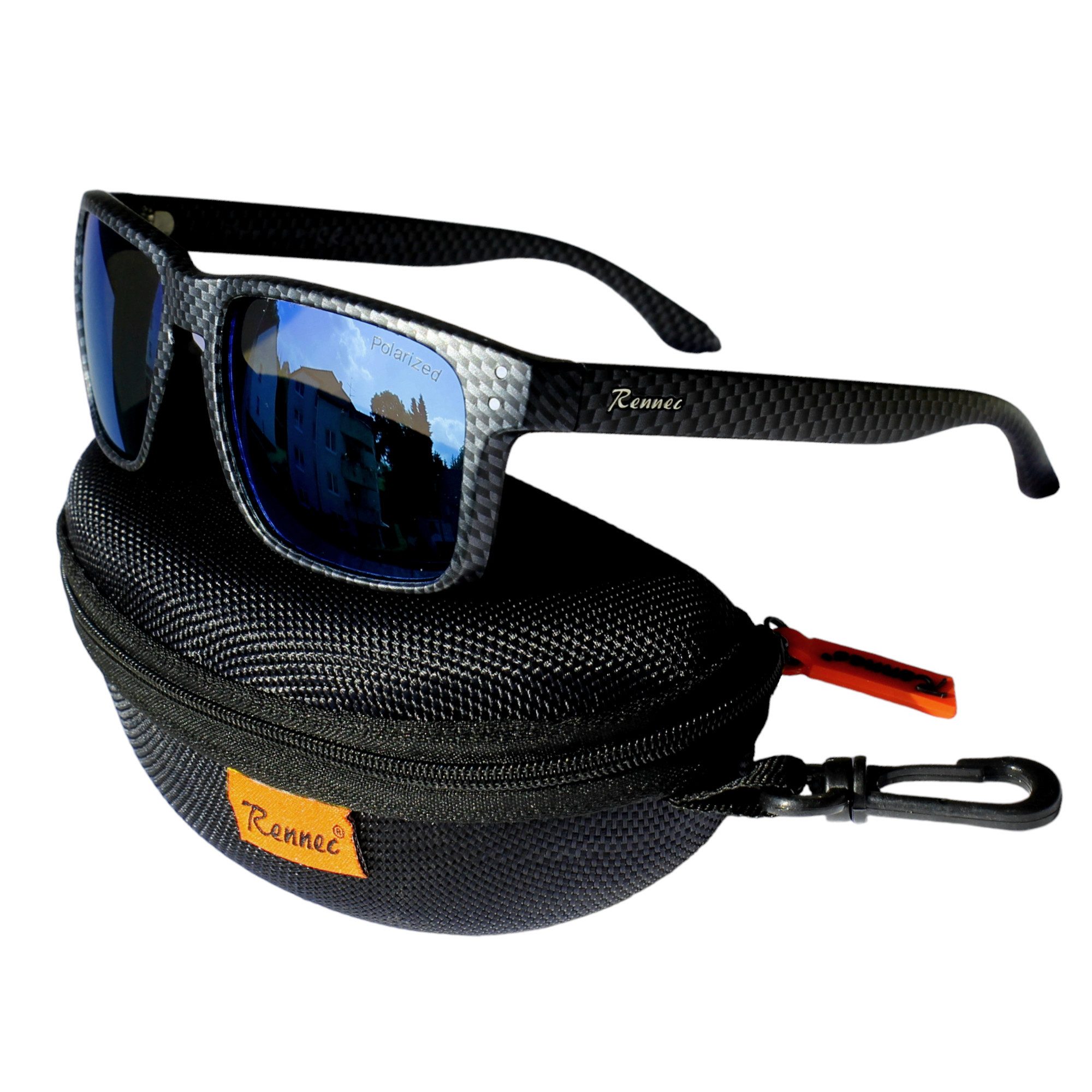 Rennec Sonnenbrille (Marken Sonnenbrille Herren Rechteckig Verspiegelt mit Hardcase) Polarisierte Gläser, Edelstahl Bügelgelenke, Carbon Optik