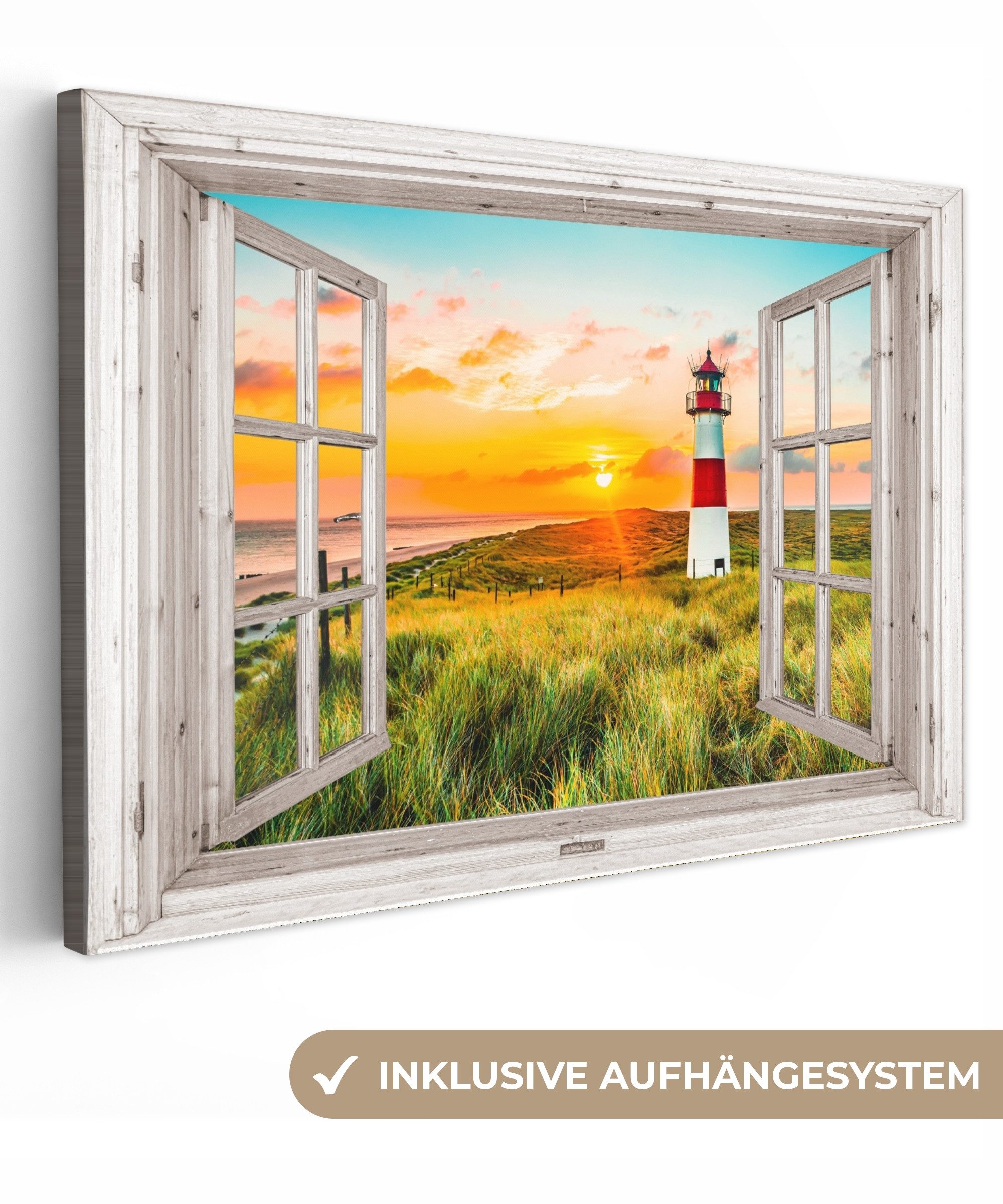 OneMillionCanvasses® Leinwandbild Ansichten - Leuchtturm - Landschaft - Natur - Ländlich - Strand, Sonnenuntergang - Leuchtturm (1 St), Leinwand Bilder groß für Wohnzimmer 140x90 cm