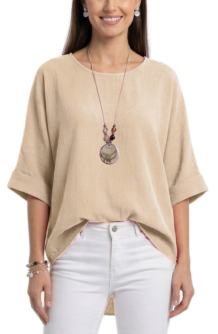 dy_mode Kurzarmbluse Damen Bluse Oversize Tunika Leichte Viskosebluse Oberteil Einfarbig in Unifarbe, High-Low Saum, mit passende Kette