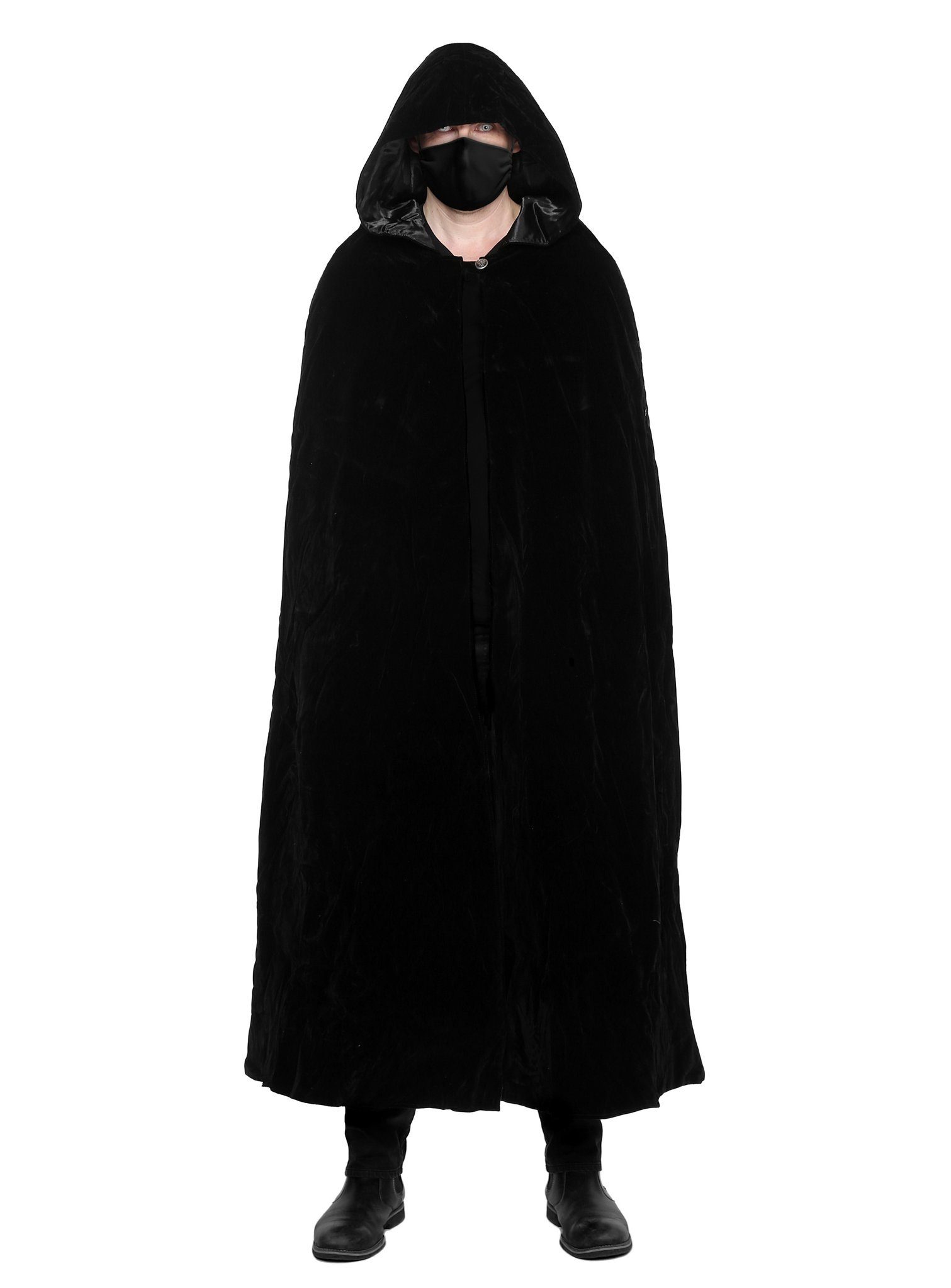 Maskworld Kostüm Schwarze Stoffmaske mit schwarzem Umhang, 2-teiliges Set zur schnellen, gruseligen Verwandlung