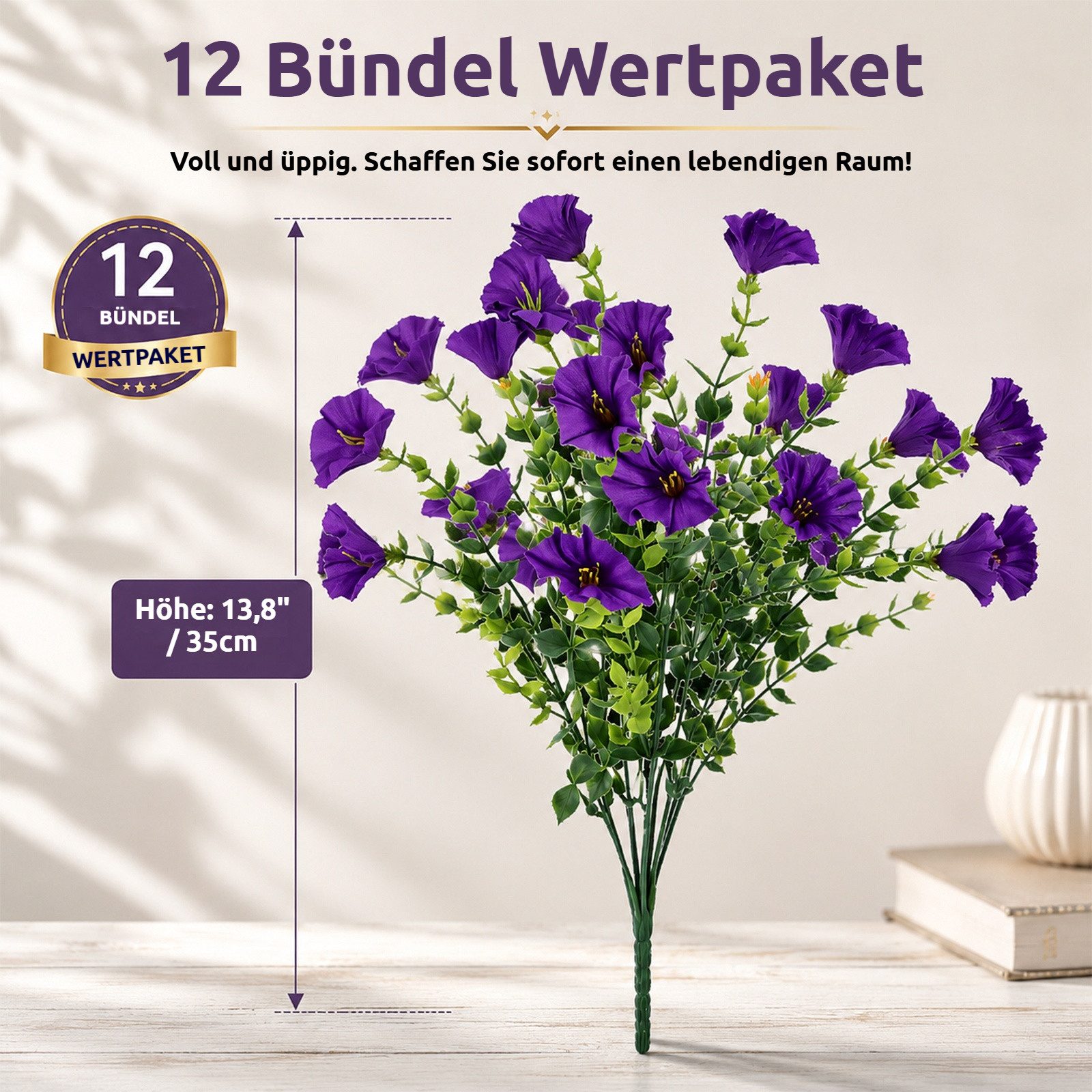 Kunstblumenstrauß 12 Bündel künstliche Blumen wie echt, UV‑beständig, pflegeleicht Prunkwinde / Stiefmütterchen, BlingBin, Höhe 35 cm, Kunstpflanzen für Außenbe – Bild 2 von 5