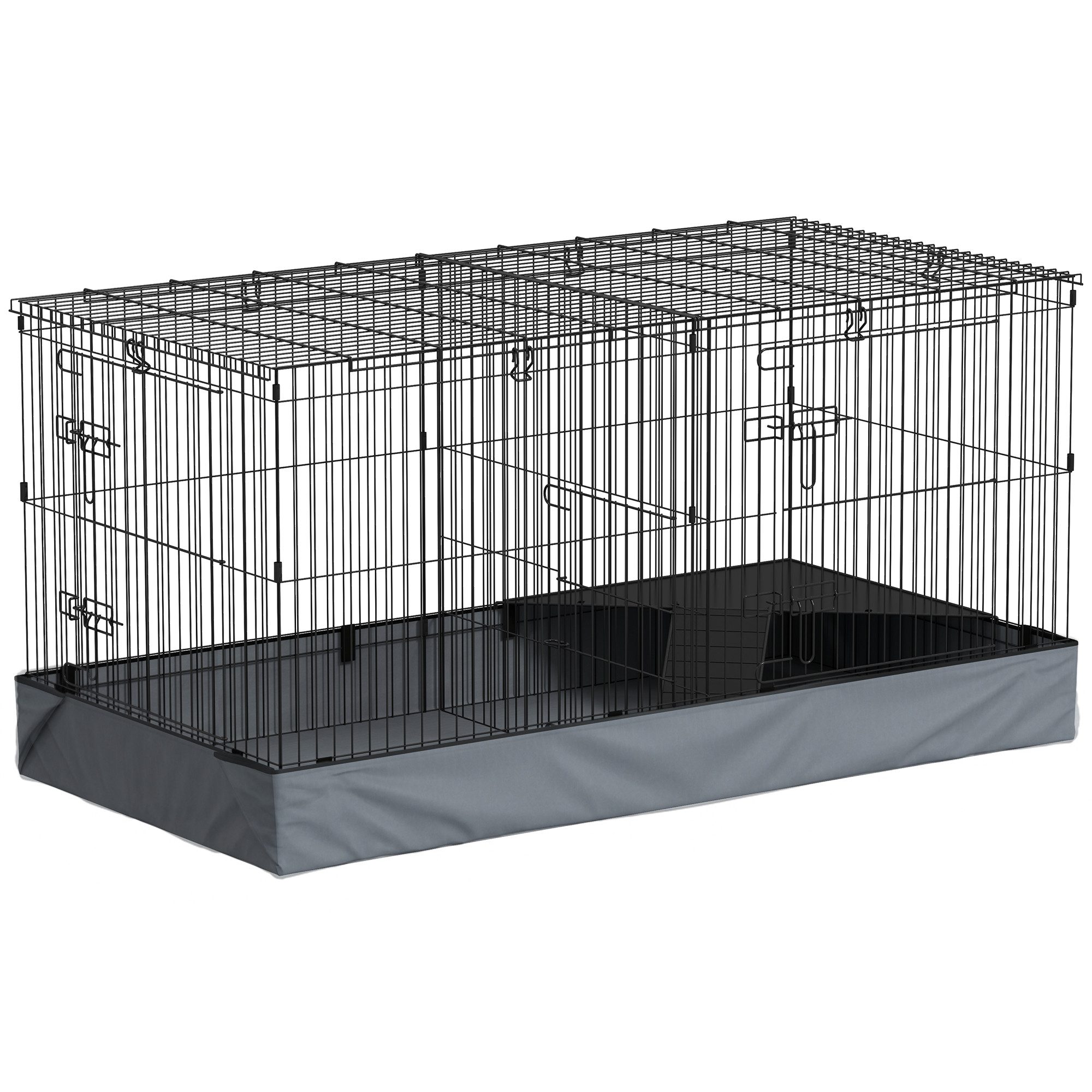 PawHut Kleintierkäfig mit Rampe, Trennwand, Nagerkäfig mit abnehmbarem Verdeck, Kaninchenkäfig für Kleintiere Stahl Schwarz