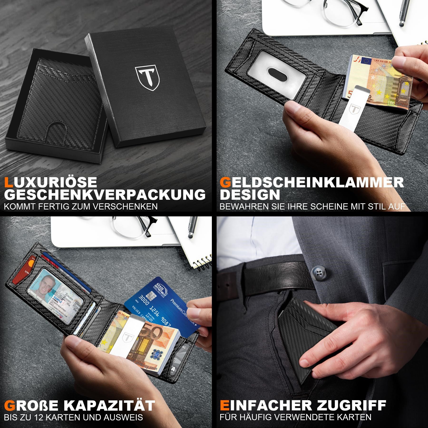 ibettertec Mini Geldbörse Geldbörse Herren Slim Wallet RFID Blocking Kohlefaserleder (Portmonee Herren mit 11 Kartenetui, Ausweisfenster, Geldscheinklammer, Min – Bild 5 von 5