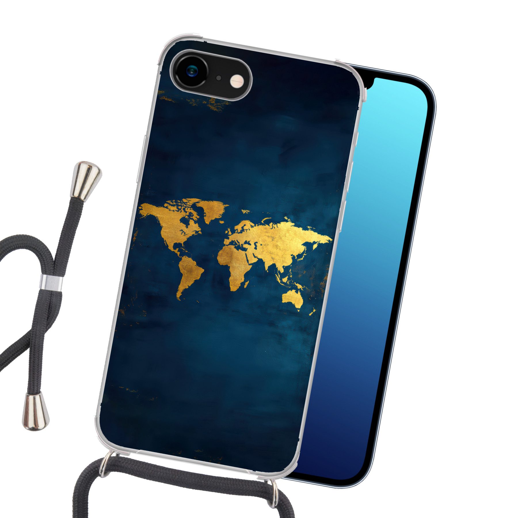 MuchoWow Handyhülle für Apple iPhone 7 Weltkarte - Gold - Dunkelblau, Tragbare Handyhüllen mit Kette zum umhängen, Handykette Handyband