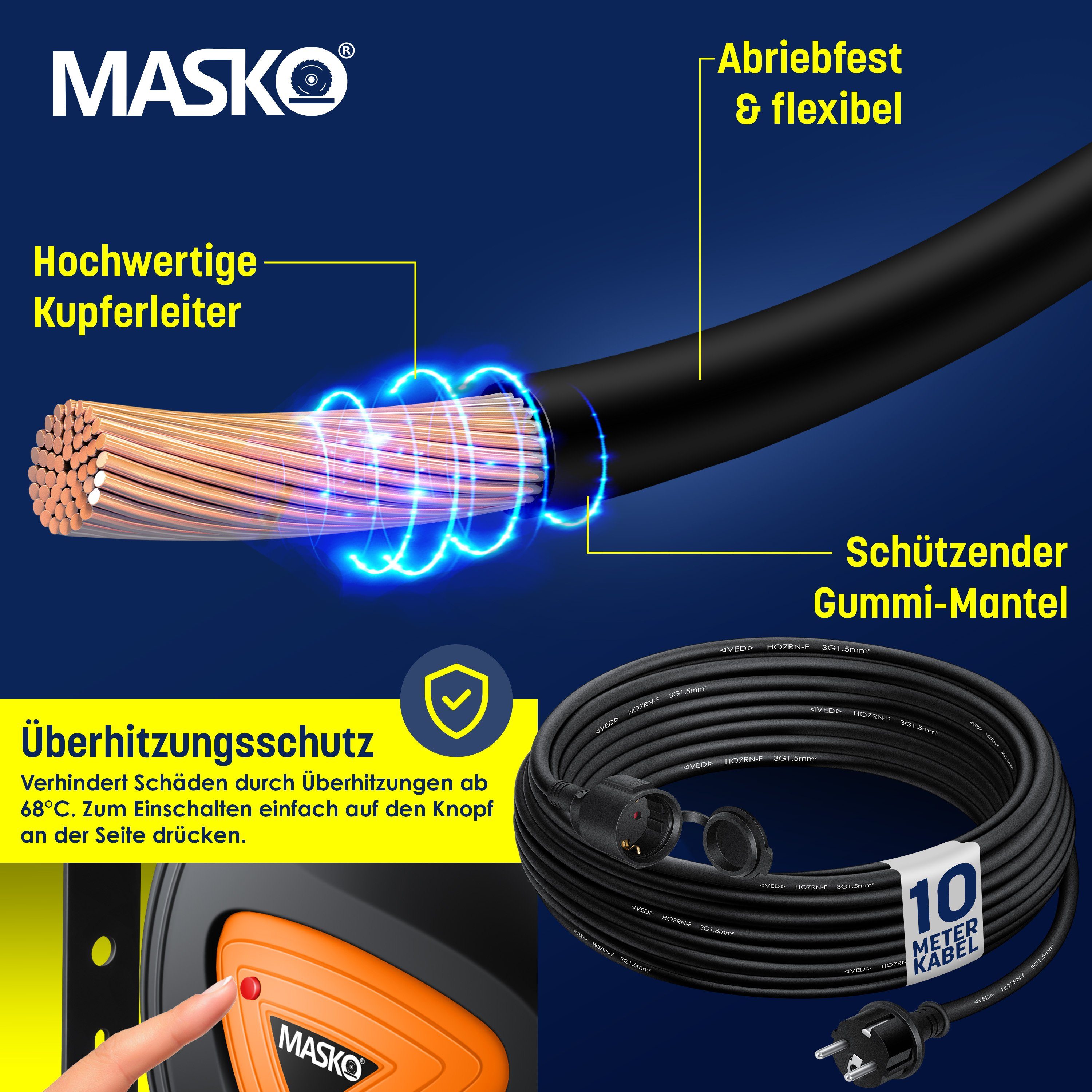 Anschluss Verlängerungskabel Automatik orange Verlängerungskabel, (10 cm), mit MASKO Kabeltrommel 3-Fach