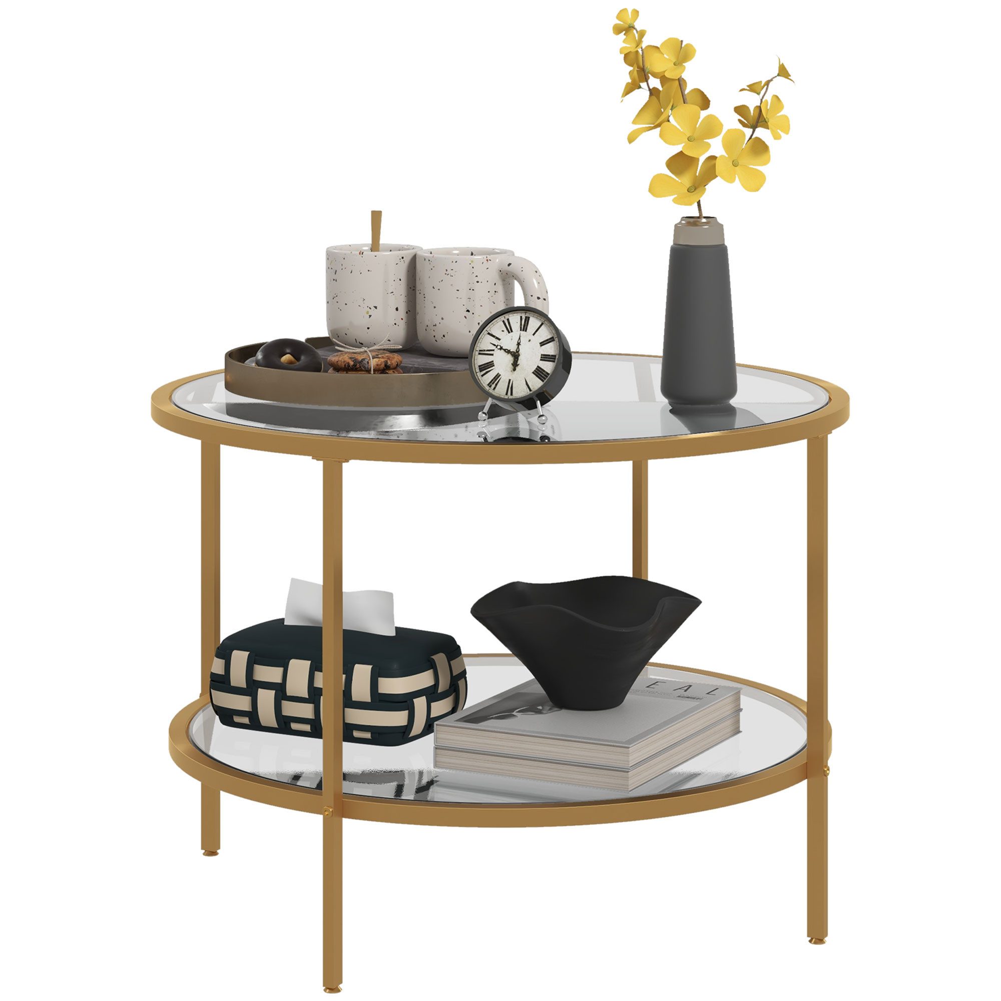 HOMCOM Beistelltisch Rund, Stahlrahmen, Kaffeetisch, Schlafzimmer, Ø60 x 43 cm (Couchtisch, 1-St., Nachttisch), für Wohntimmer, Gold