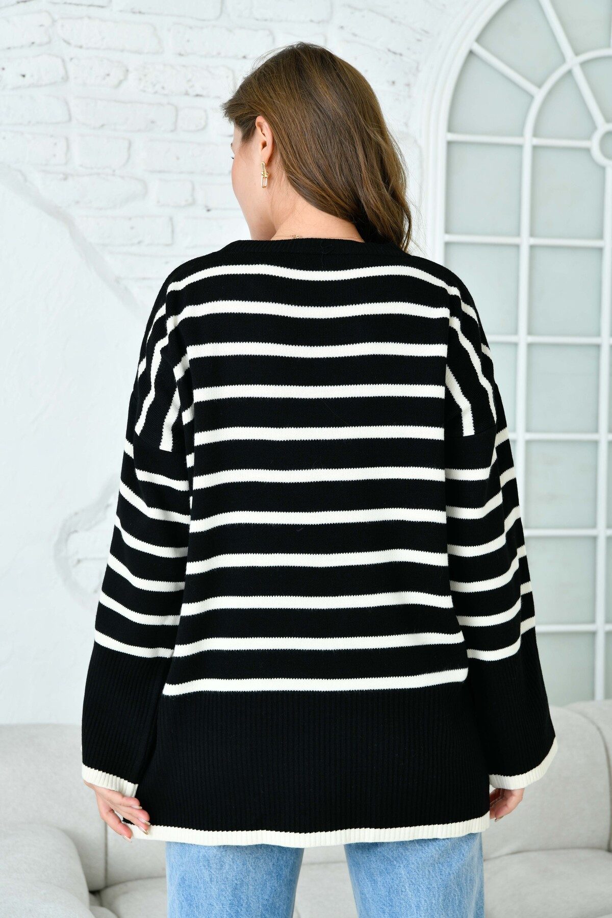 WOMAN VISION Sweater Oversize-Pullover mit Schlitz, Rundhalsausschnitt, Streifenmuster, lan
