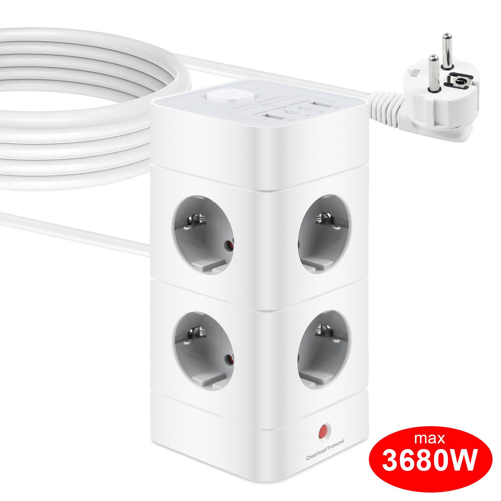 OZAVO K-CZ02WH 12-IN-1 Mehrfachsteckdose 8-fach (USB-Anschluss, separate Ein- / Ausschalter, 3680W, 2M Kupfer Kabel, Überlastschutzgerät, Kurzschluss, Überladungs, Überspannungs), Steckdosenleiste mit USB Typ C Steckdose