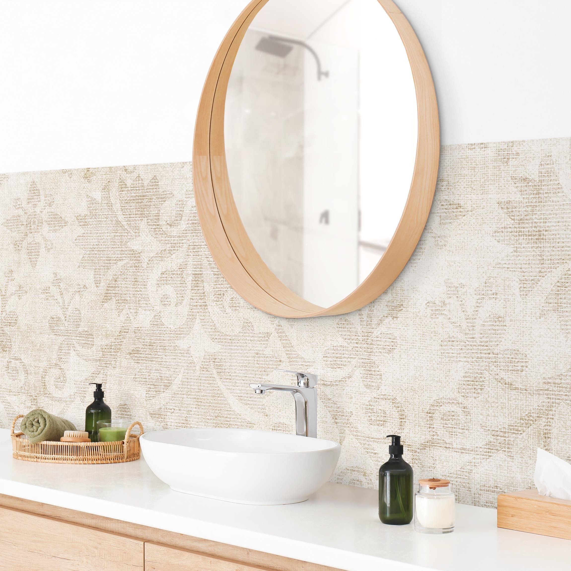 Bilderdepot24 Badrückwand beige fugenlose Wandverkleidung Bad Shabby, (Hartfolie matt » Selbstklebend SMART 0,35 mm), wasserfestes Wandpaneel Antiker Damast