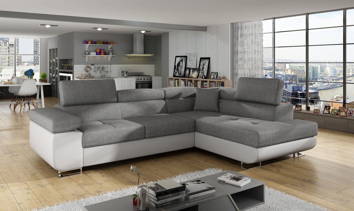 Grau/Weiß Polster Ecksofa, Klassisch Sofa Couch JVmoebel Bettfunktion Design Couchen Ecksofa
