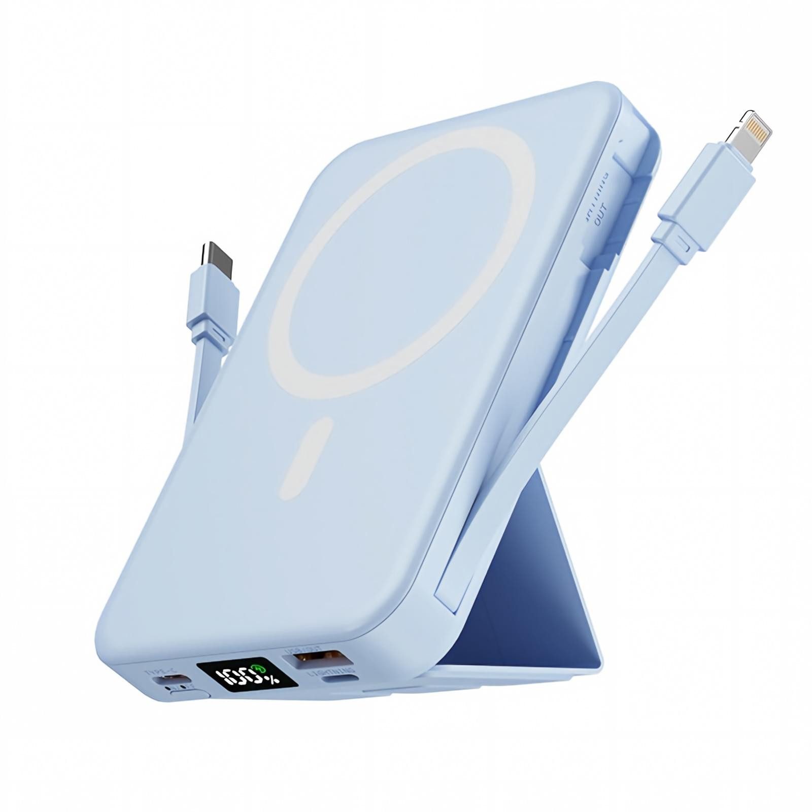 AIBISTAR 10000mAh Magnetisch MagSafe Powerbank mit 2 Kabel Klappständer LED Powerbank Magnet-Powerbank 10000 mAh, Magnetisches Wireless Charging,Kompatibel mit iPhone 12-17
